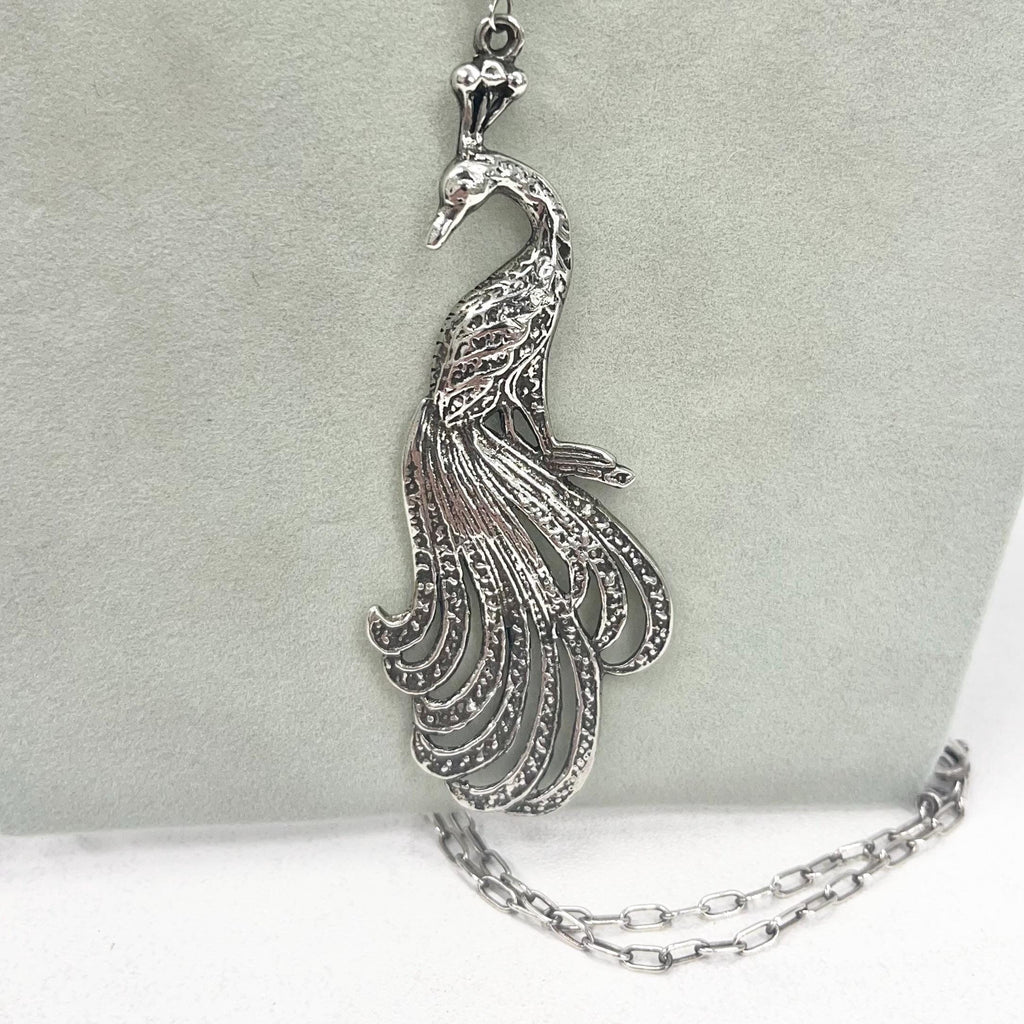 Vintage Sterling Silver Long Drop Peacock Pendant & Long Chain Necklace 32” TheGreenGlassGemShop
