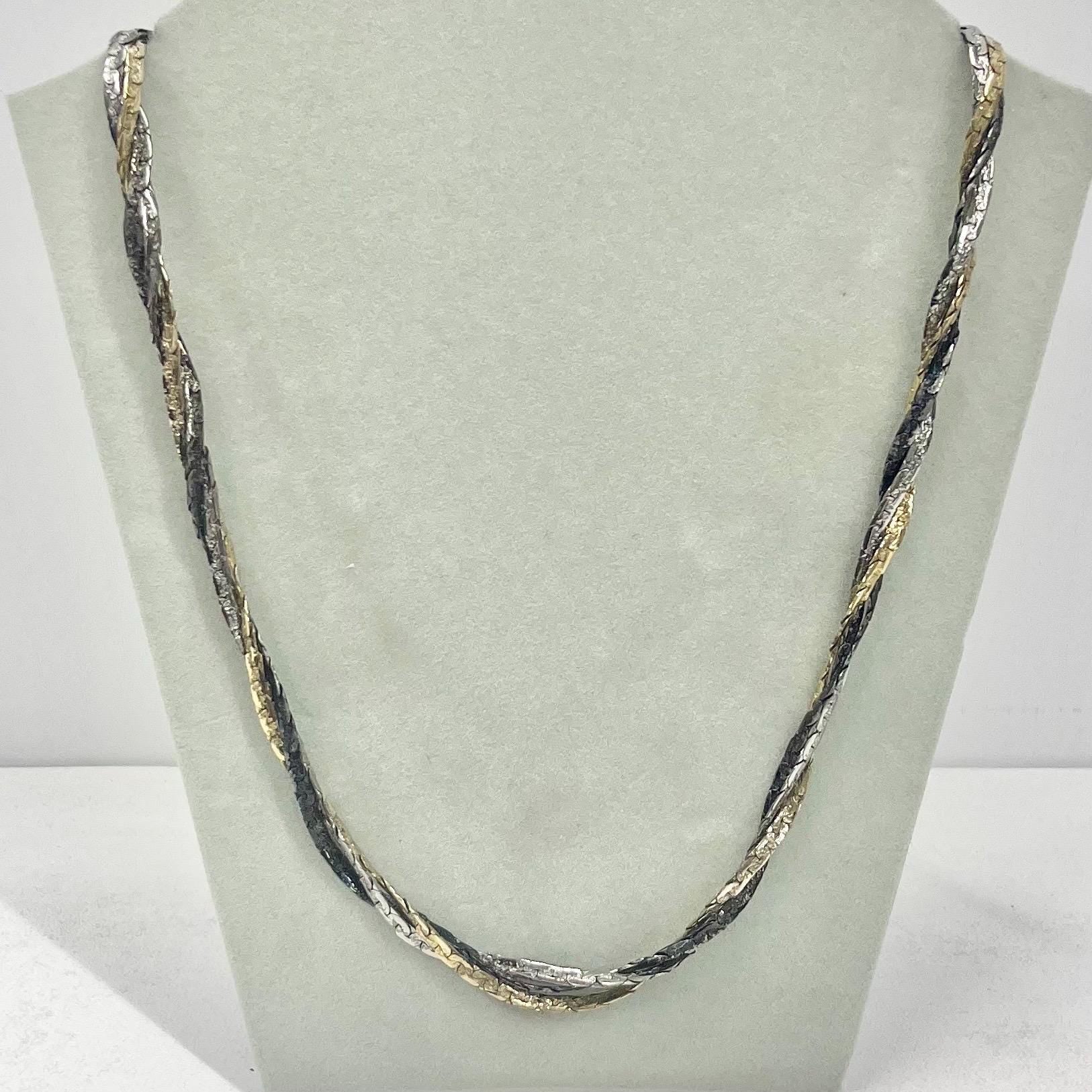 Vintage 24” Long Twisted Three Colour Gold Silver Pewter Three Strand 22ct Gold Plate Chain Necklace 1970’s - 1980’s Statement Power Chain MillyOliverVintage