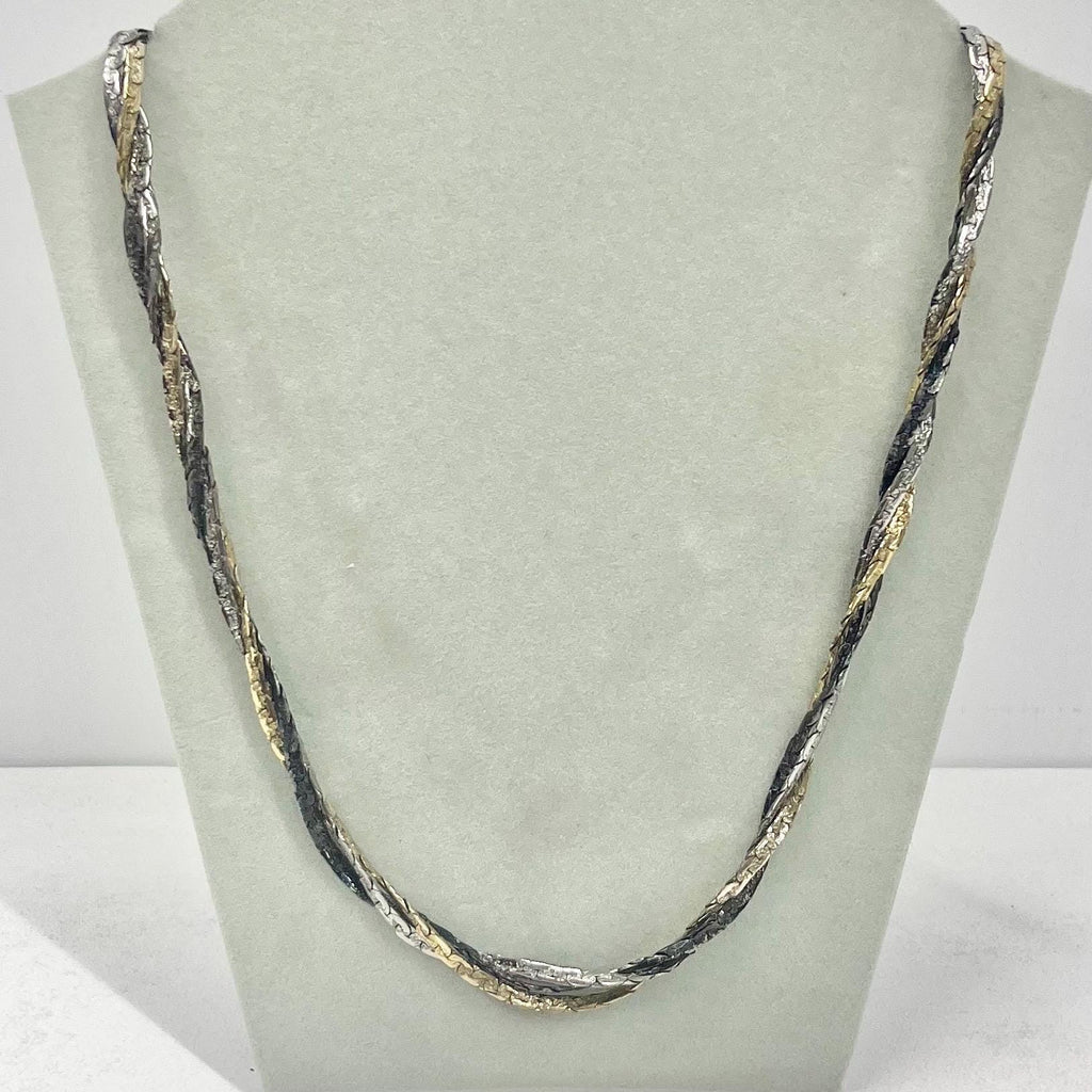 Vintage 24” Long Twisted Three Colour Gold Silver Pewter Three Strand 22ct Gold Plate Chain Necklace 1970’s - 1980’s Statement Power Chain TheGreenGlassGemShop