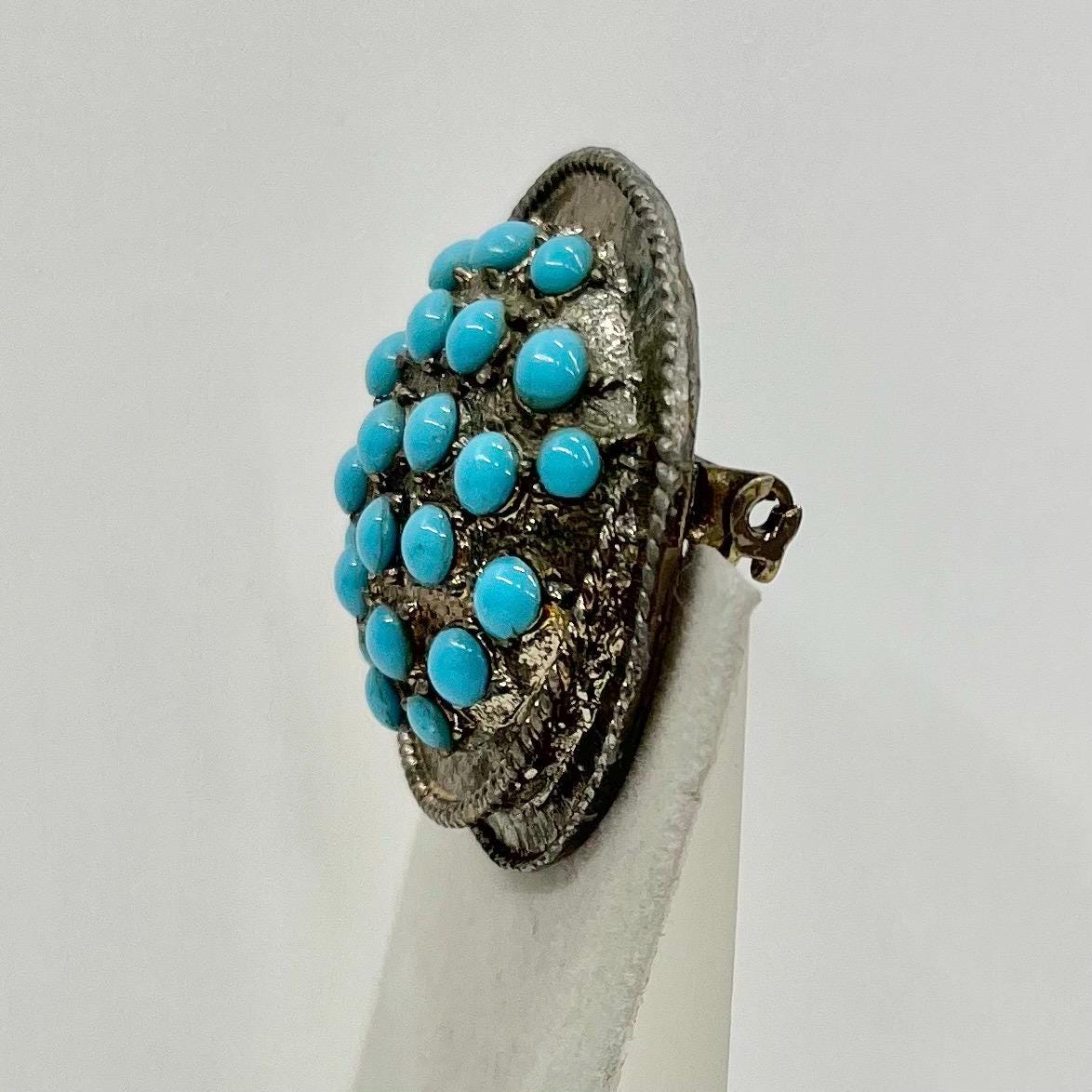 Vintage Large Turquoise Blue Glass Stone Brooch Silver Tone Domed Round TheGreenGlassGemShop