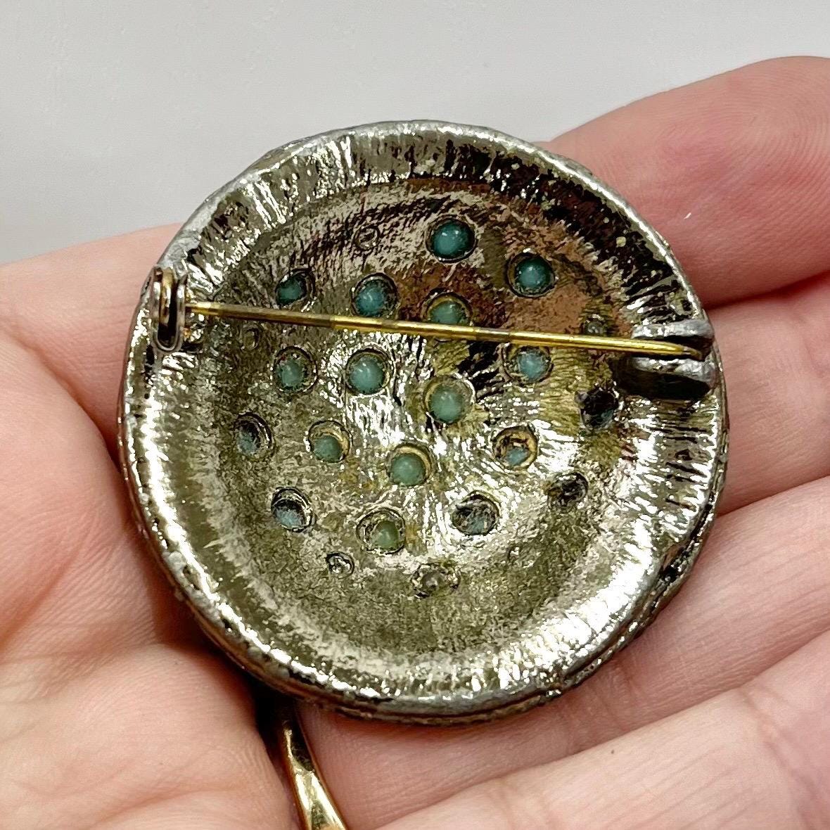 Vintage Large Turquoise Blue Glass Stone Brooch Silver Tone Domed Round TheGreenGlassGemShop