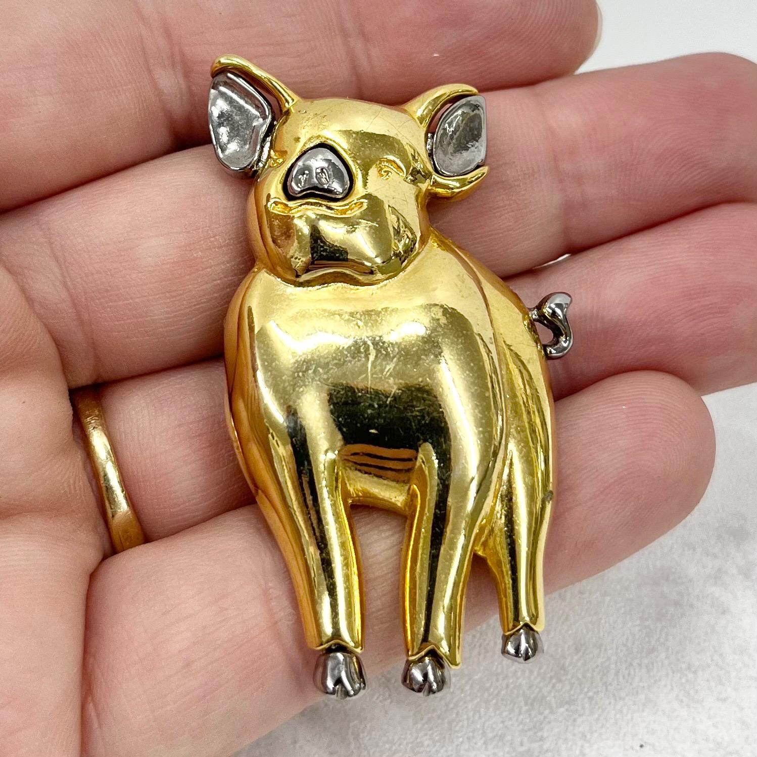 Vintage Liz Claiborne Gold Tone Piggy Pig Brooch with Silver Tond Accents Costume Jewellery Piece TheGreenGlassGemShop