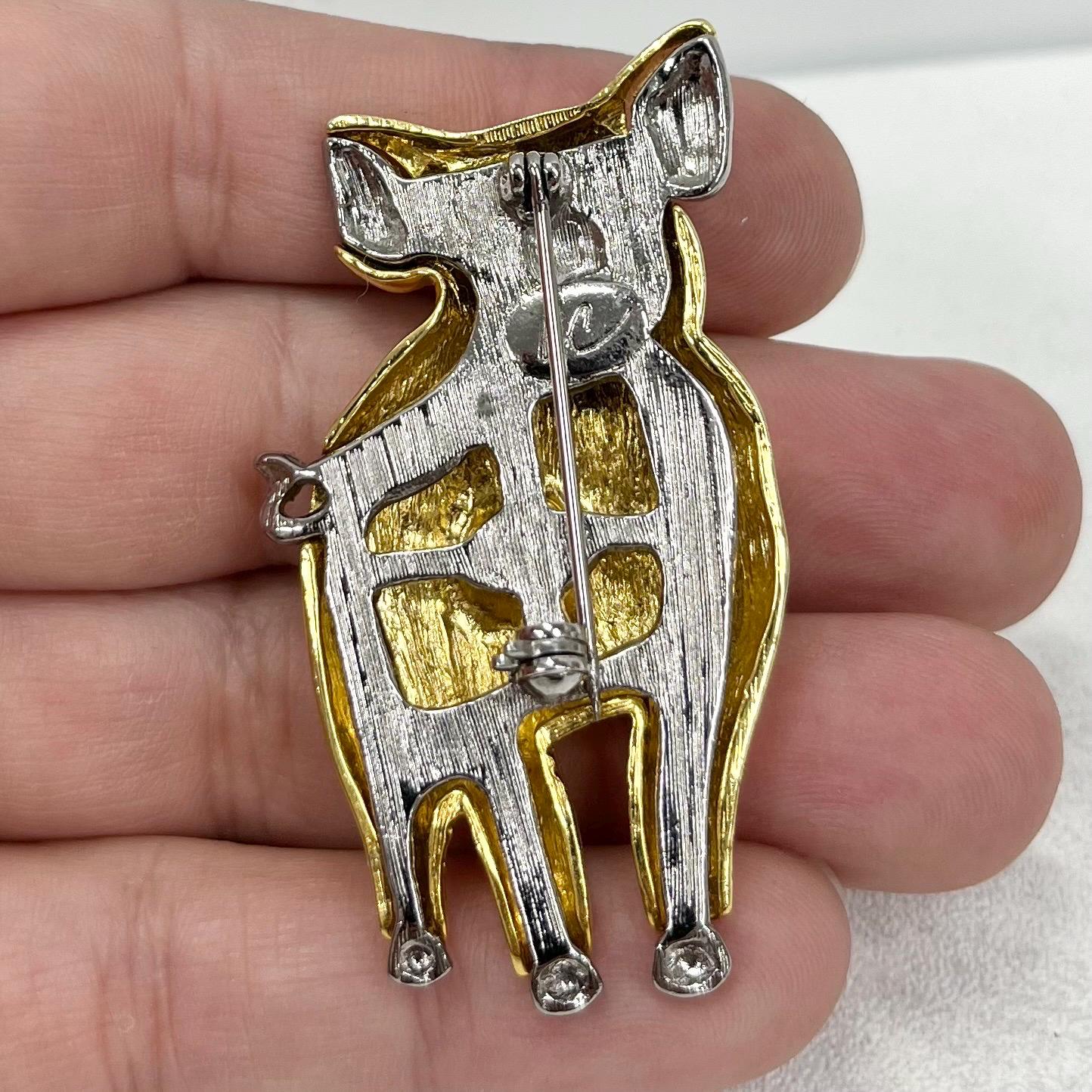 Vintage Liz Claiborne Gold Tone Piggy Pig Brooch with Silver Tond Accents Costume Jewellery Piece TheGreenGlassGemShop