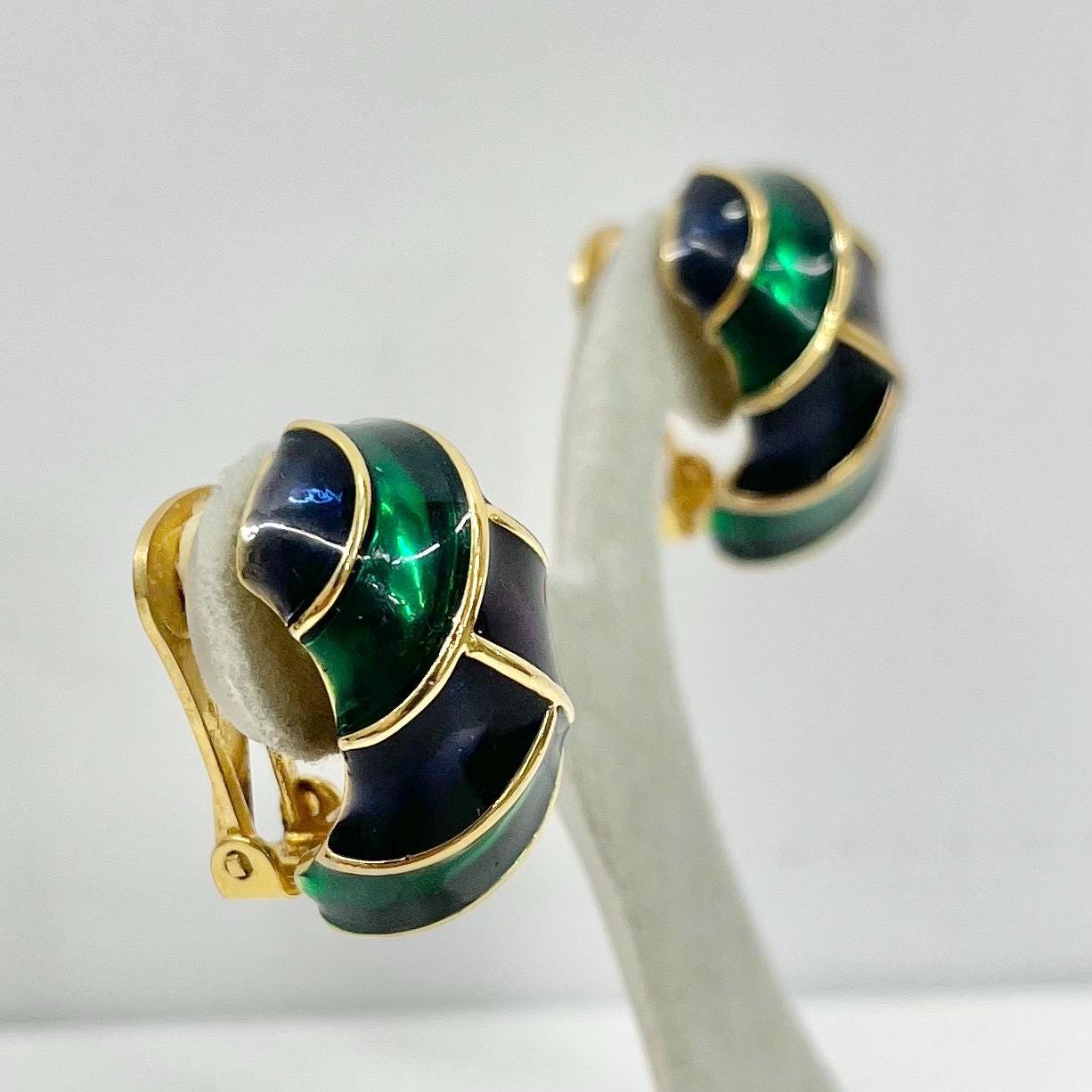 Vintage Enamel Half Hoop Clip On Earrings Green Red Purple Navy in a Gold Tone Setting 1980’s - 1990’s TheGreenGlassGemShop