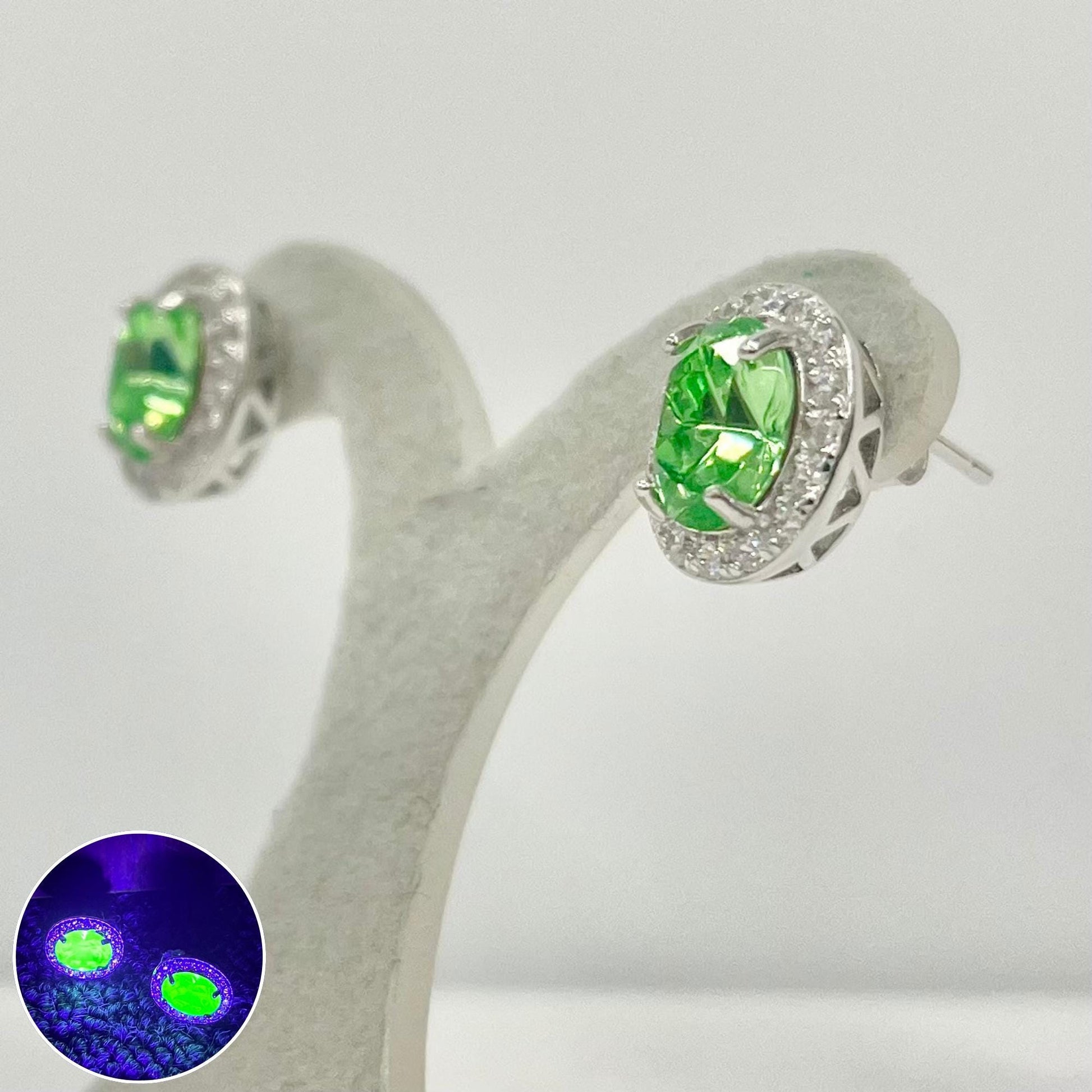 Vintage Sterling Silver Green Uranium Crystal Oval Cut Stud Earrings with a Clear Crystal Halo Setting UV Reactive Glowing Jewellery TheGreenGlassGemShop