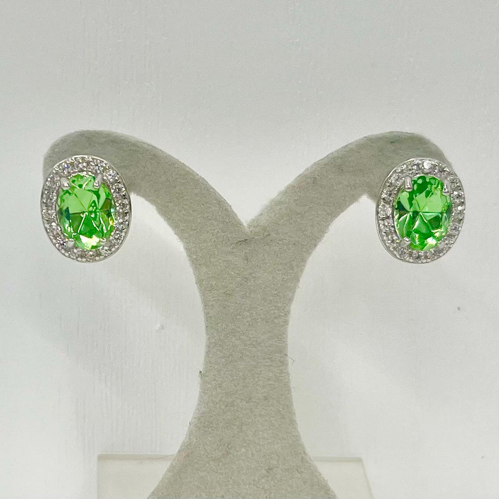 Vintage Sterling Silver Green Uranium Crystal Oval Cut Stud Earrings with a Clear Crystal Halo Setting UV Reactive Glowing Jewellery TheGreenGlassGemShop