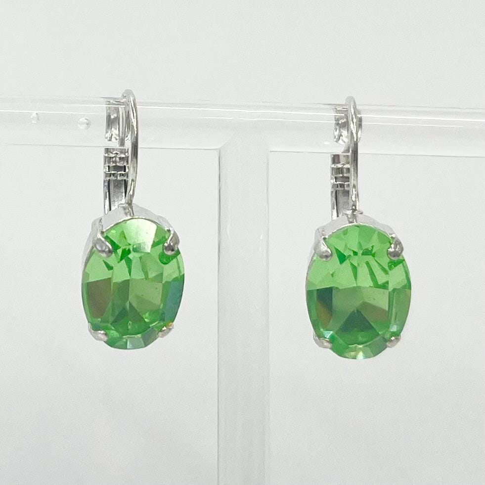 Vintage Oval Green Uranium Glass Crystal Drop Earrings UV Reactive Glow with Vintage Swarovski Crystals Silver Plated TheGreenGlassGemShop