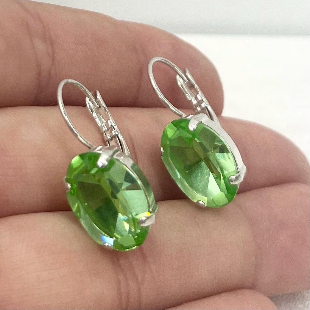 Vintage Oval Green Uranium Glass Crystal Drop Earrings UV Reactive Glow with Vintage Swarovski Crystals Silver Plated TheGreenGlassGemShop