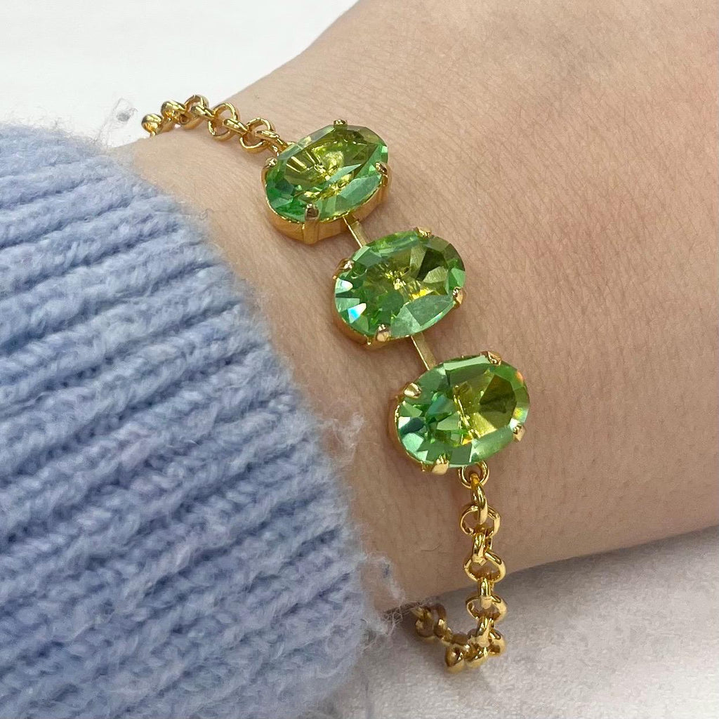Vintage Green Uranium Glass Oval Crystal Trio Bracelet Gold Plated Metal UV Reactive Glow Jewellery TheGreenGlassGemShop