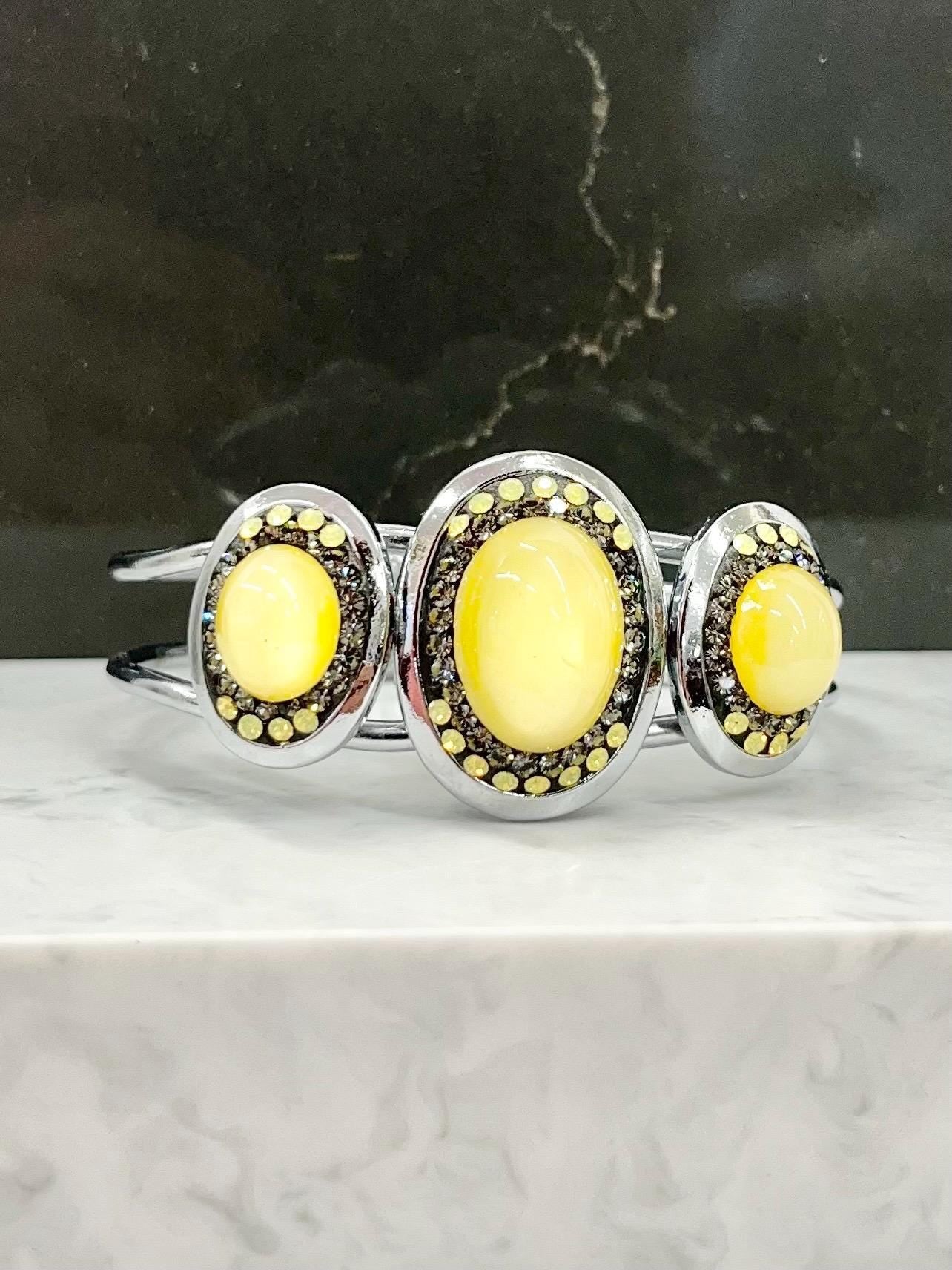 Vintage Yellow Uranium Glass Oval Czech Cabochon Bangle with Yellow Opal Crystals Silver Plated UV Reactive Glow Jewellery TheGreenGlassGemShop