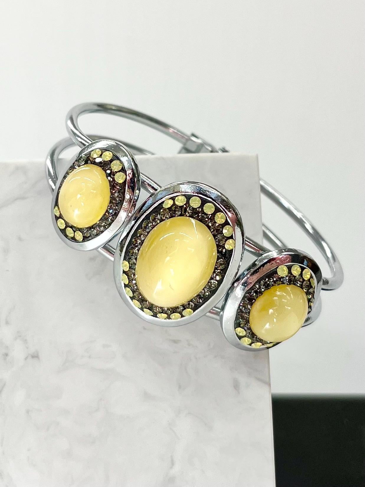 Vintage Yellow Uranium Glass Oval Czech Cabochon Bangle with Yellow Opal Crystals Silver Plated UV Reactive Glow Jewellery TheGreenGlassGemShop