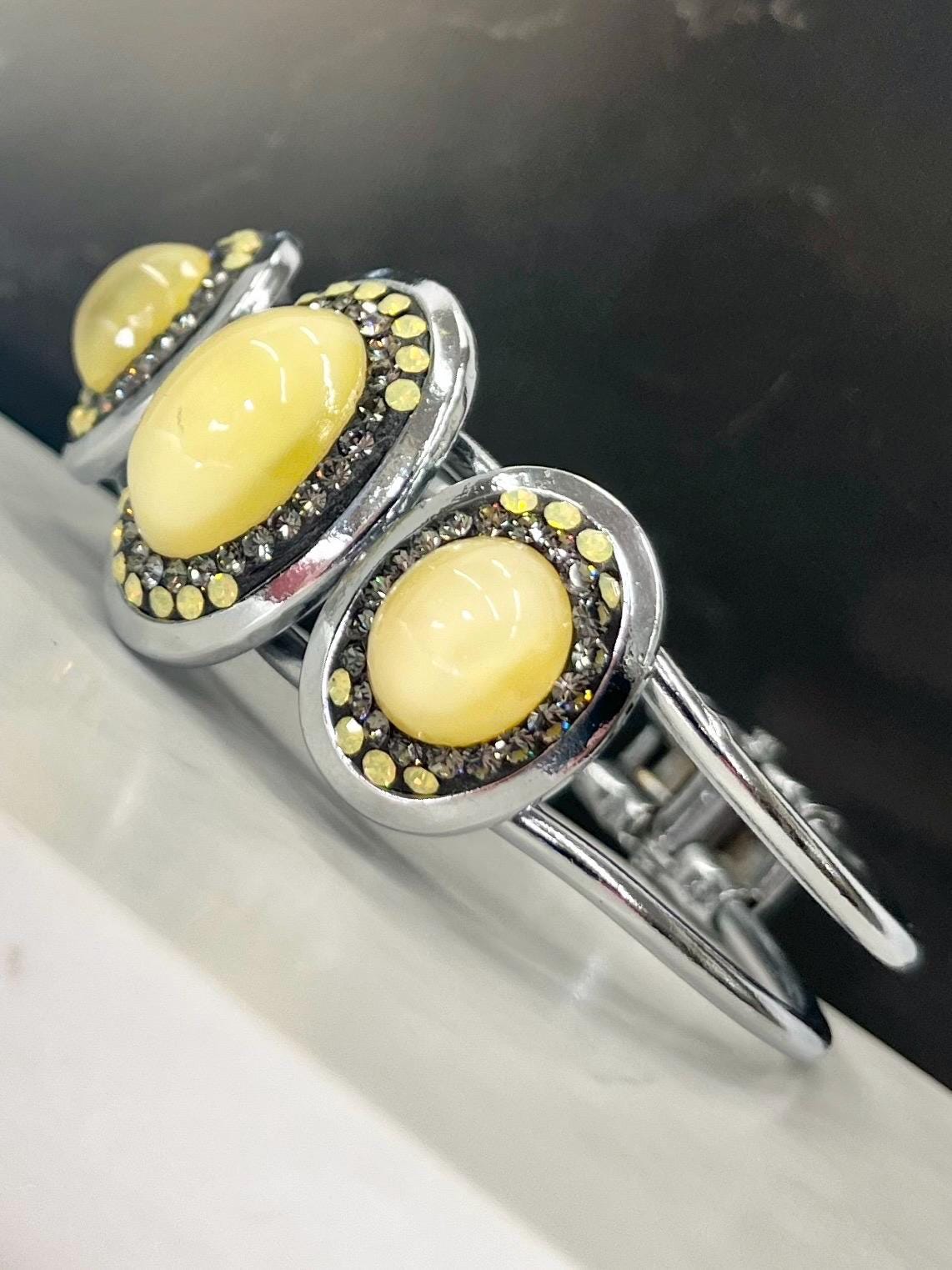 Vintage Yellow Uranium Glass Oval Czech Cabochon Bangle with Yellow Opal Crystals Silver Plated UV Reactive Glow Jewellery TheGreenGlassGemShop