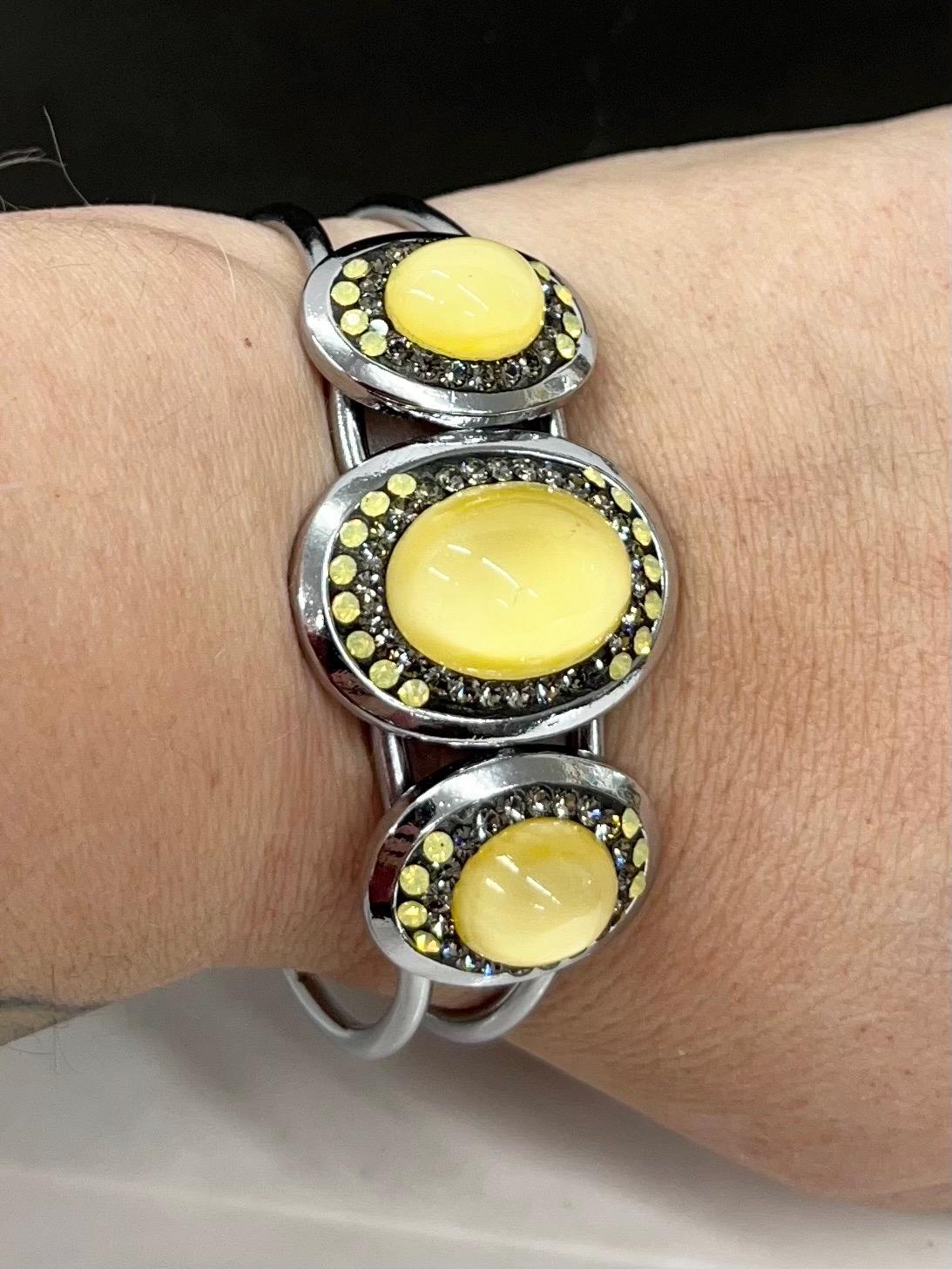 Vintage Yellow Uranium Glass Oval Czech Cabochon Bangle with Yellow Opal Crystals Silver Plated UV Reactive Glow Jewellery TheGreenGlassGemShop