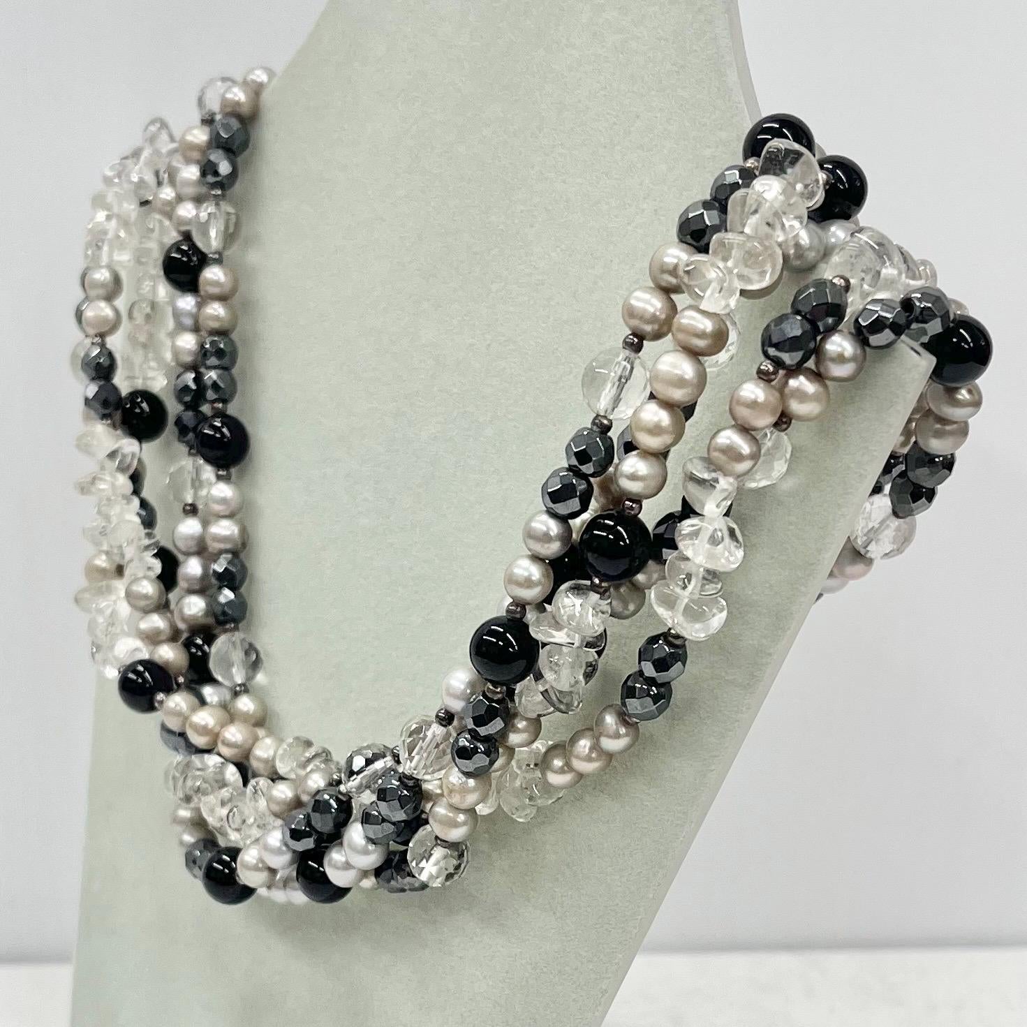 Vintage 5 Strand Freshwater Pearl Quartz & Glass Bead Sterling Silver Necklace Multi Strand Necklace Blacks Greys Whites TheGreenGlassGemShop