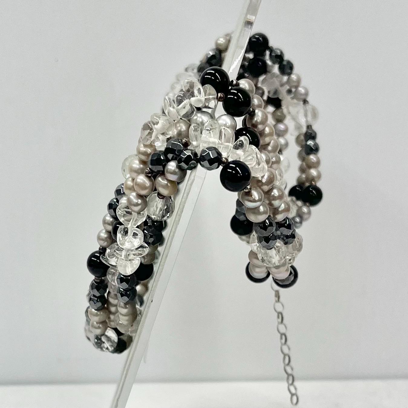 Vintage 5 Strand Freshwater Pearl Quartz & Glass Bead Sterling Silver Necklace Multi Strand Necklace Blacks Greys Whites TheGreenGlassGemShop