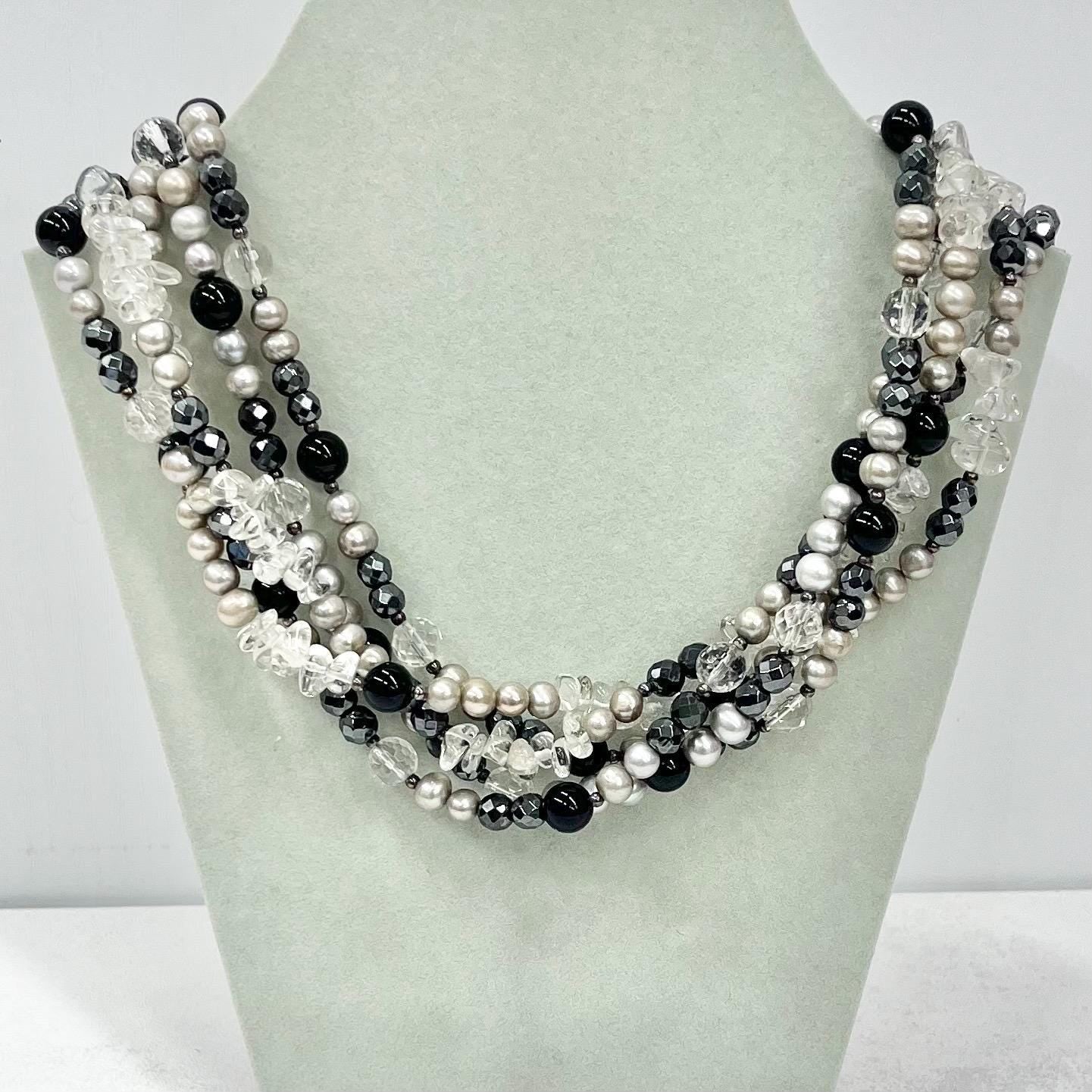 Vintage 5 Strand Freshwater Pearl Quartz & Glass Bead Sterling Silver Necklace Multi Strand Necklace Blacks Greys Whites TheGreenGlassGemShop