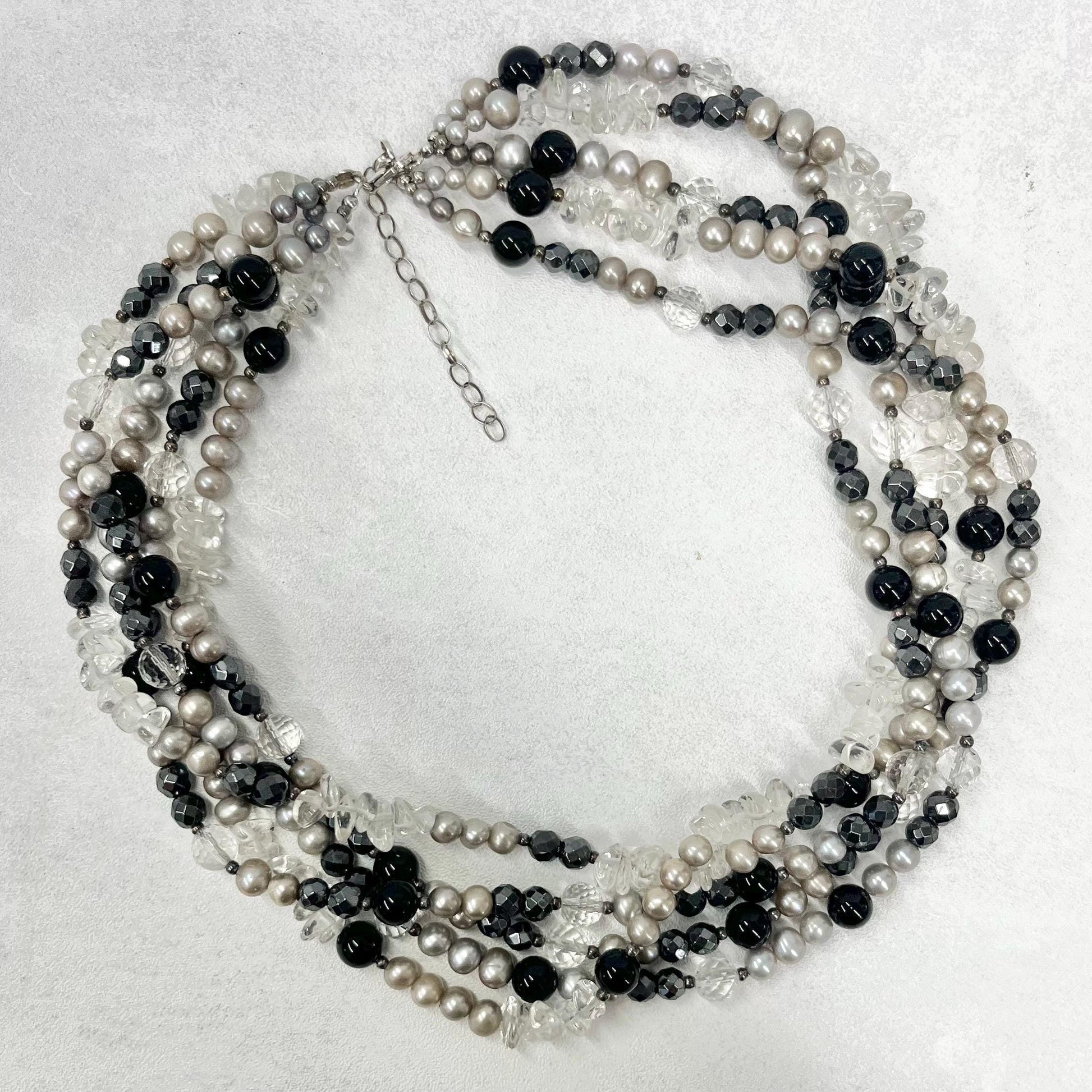 Vintage 5 Strand Freshwater Pearl Quartz & Glass Bead Sterling Silver Necklace Multi Strand Necklace Blacks Greys Whites TheGreenGlassGemShop