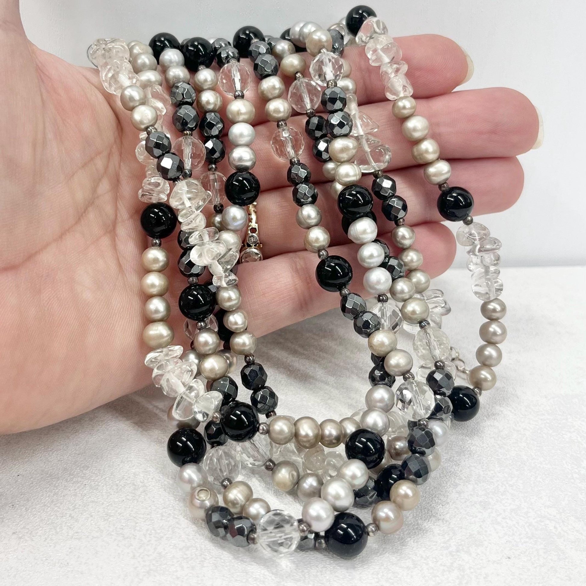 Vintage 5 Strand Freshwater Pearl Quartz & Glass Bead Sterling Silver Necklace Multi Strand Necklace Blacks Greys Whites TheGreenGlassGemShop