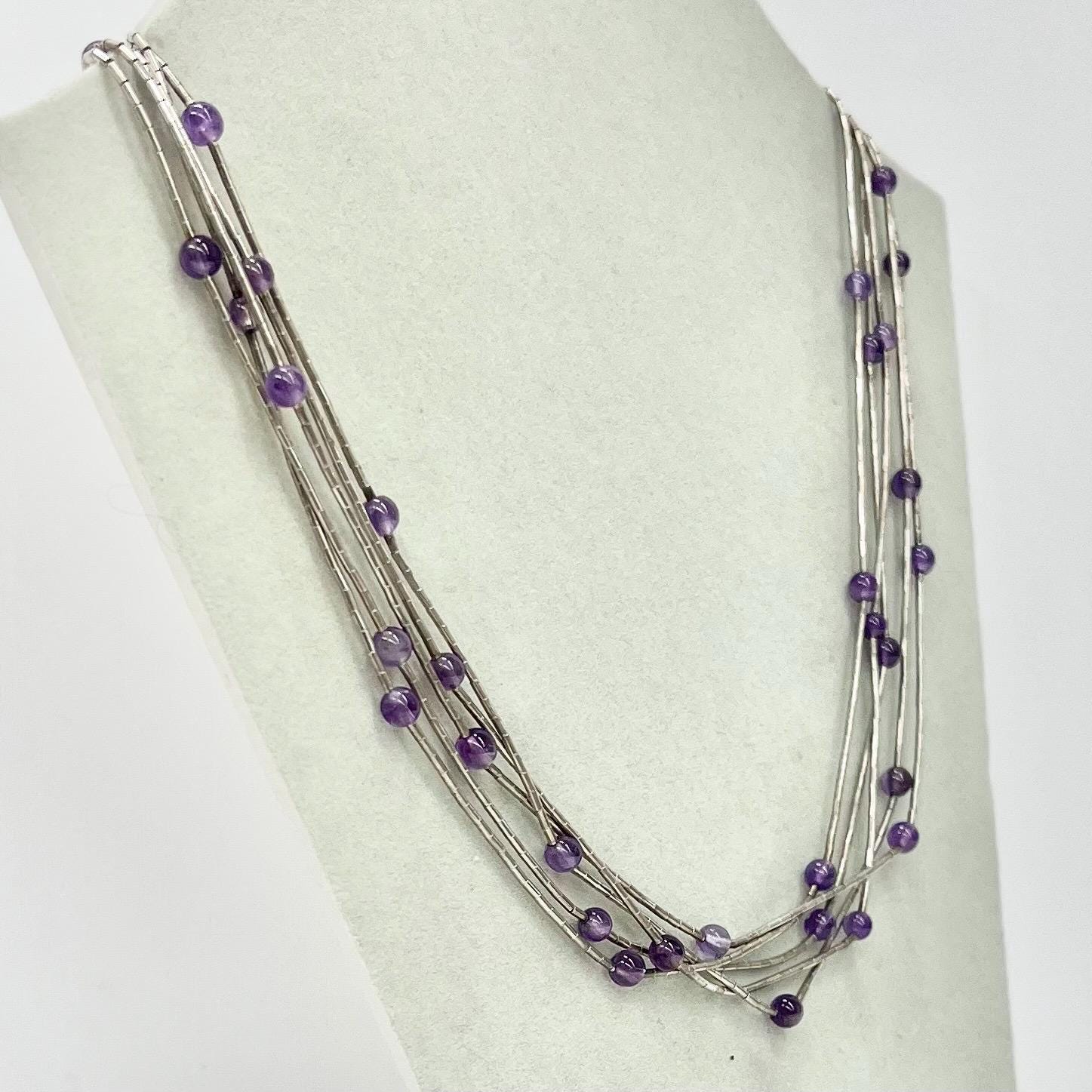 Vintage Five Strand Sterling Silver & Amethyst Bead Necklace Multi Strand Necklace TheGreenGlassGemShop
