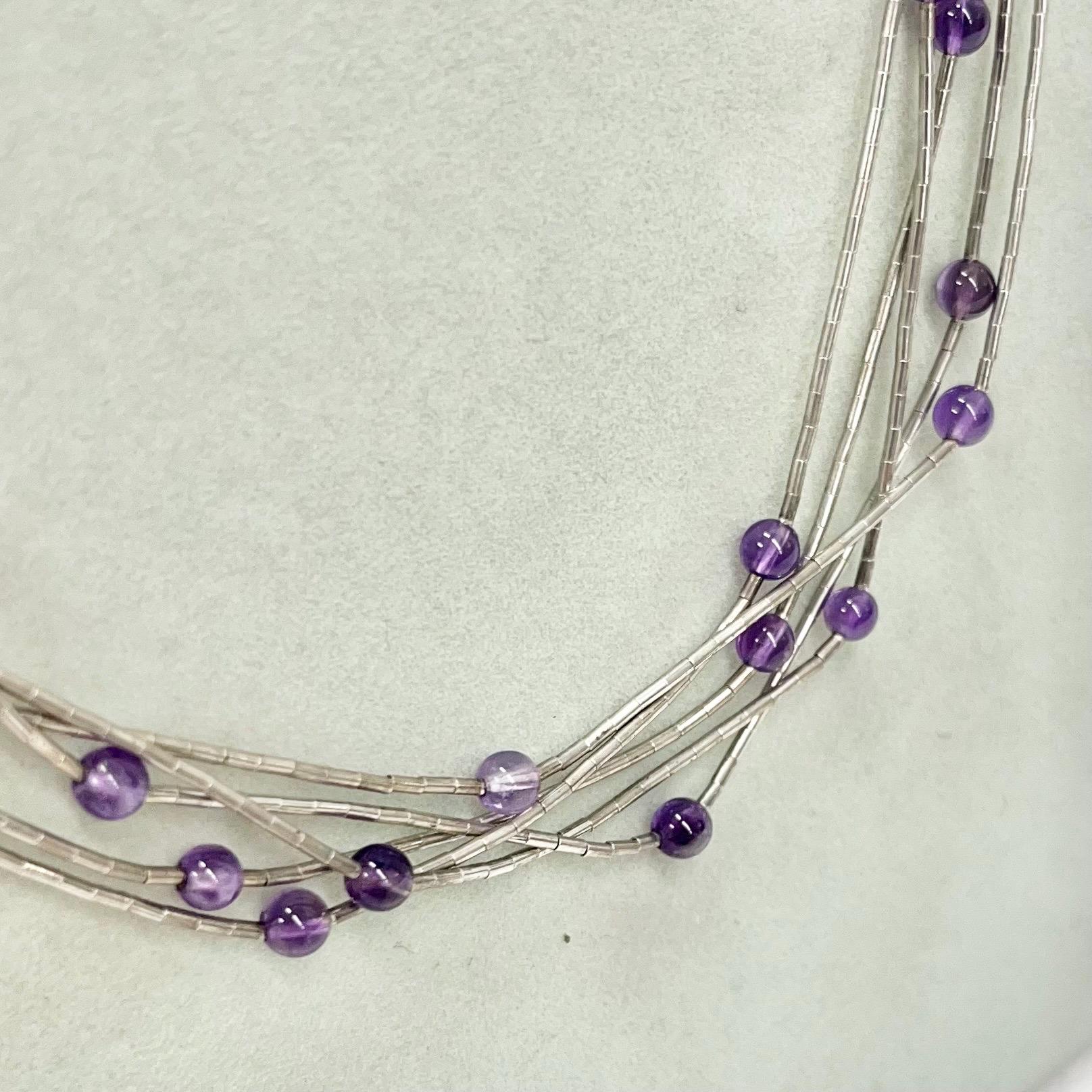 Vintage Five Strand Sterling Silver & Amethyst Bead Necklace Multi Strand Necklace TheGreenGlassGemShop