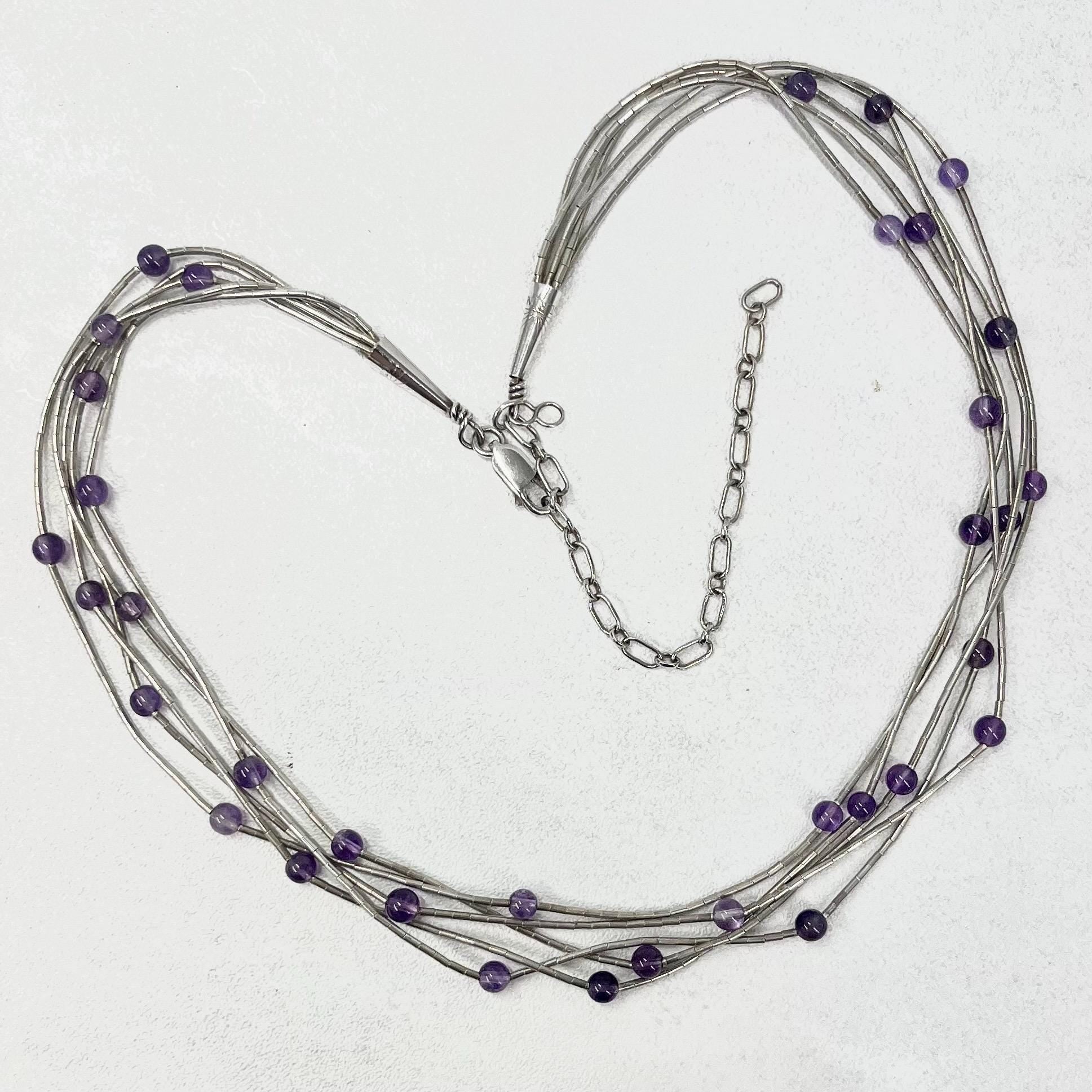 Vintage Five Strand Sterling Silver & Amethyst Bead Necklace Multi Strand Necklace TheGreenGlassGemShop