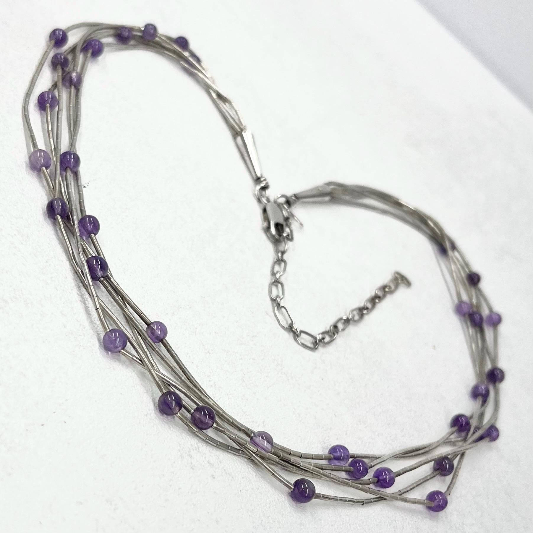 Vintage Five Strand Sterling Silver & Amethyst Bead Necklace Multi Strand Necklace TheGreenGlassGemShop