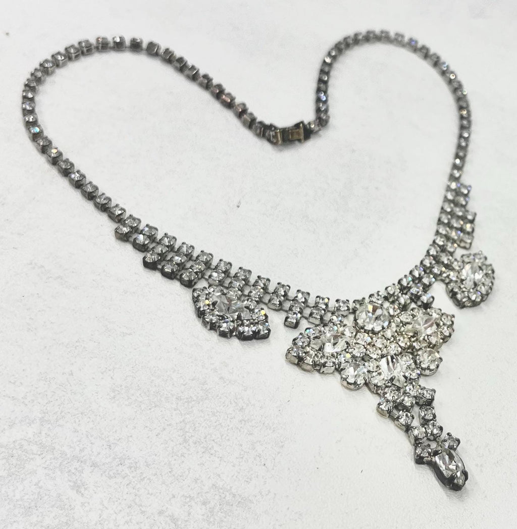Vintage Impressive 1940’s - 1950’s Silver Tone Paste Crystal Drop Necklace Beautifully Sparkling TheGreenGlassGemShop
