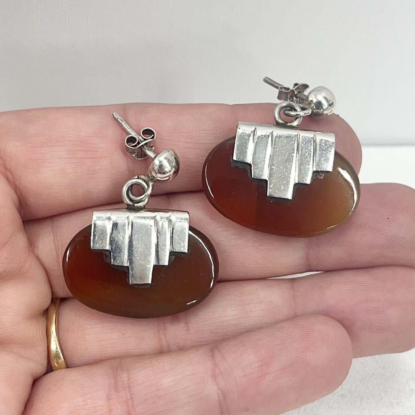 Vintage Sterling Silver Ethnic Agate Drop Earrings 1970’s - 1980’s Chunky Design TheGreenGlassGemShop
