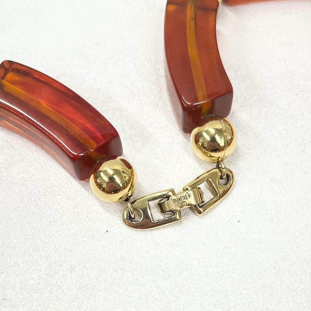 Vintage Amber Acrylic Chunky Curved Collar Napier Necklace 16” Gold Tone TheGreenGlassGemShop