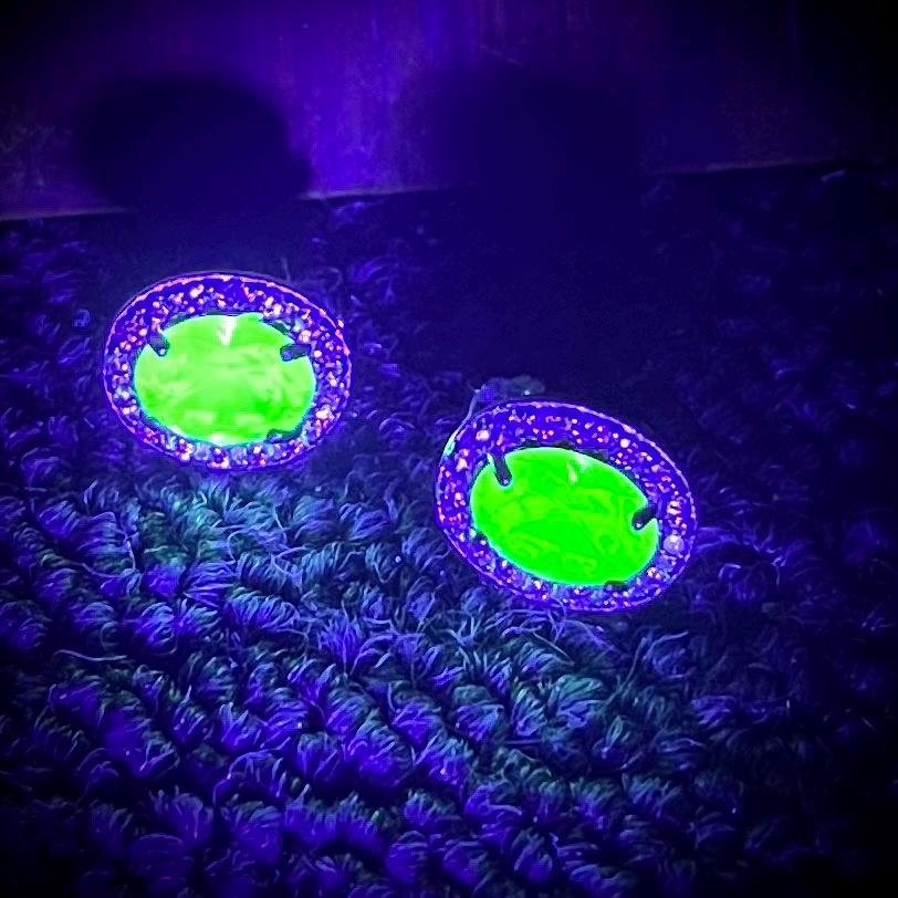 Vintage Sterling Silver Green Uranium Crystal Oval Cut Stud Earrings with a Clear Crystal Halo Setting UV Reactive Glowing Jewellery TheGreenGlassGemShop