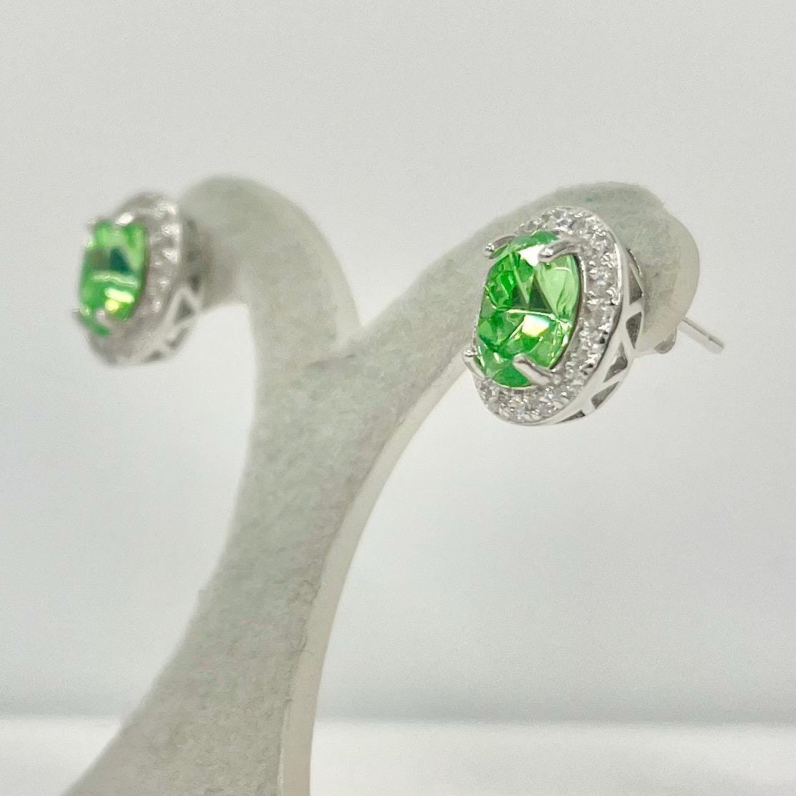 Vintage Sterling Silver Green Uranium Crystal Oval Cut Stud Earrings with a Clear Crystal Halo Setting UV Reactive Glowing Jewellery TheGreenGlassGemShop