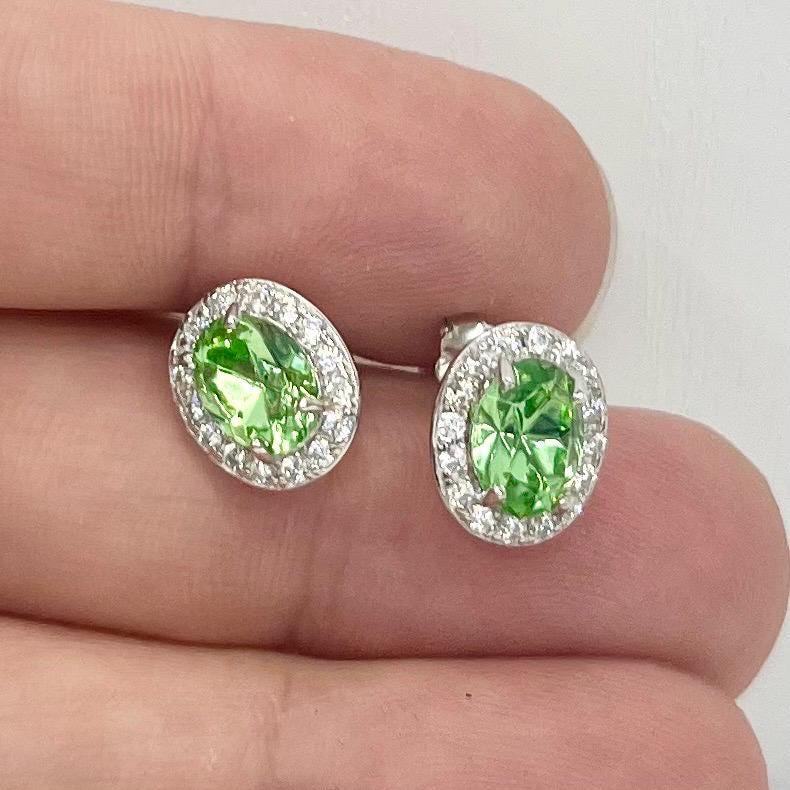 Vintage Sterling Silver Green Uranium Crystal Oval Cut Stud Earrings with a Clear Crystal Halo Setting UV Reactive Glowing Jewellery TheGreenGlassGemShop