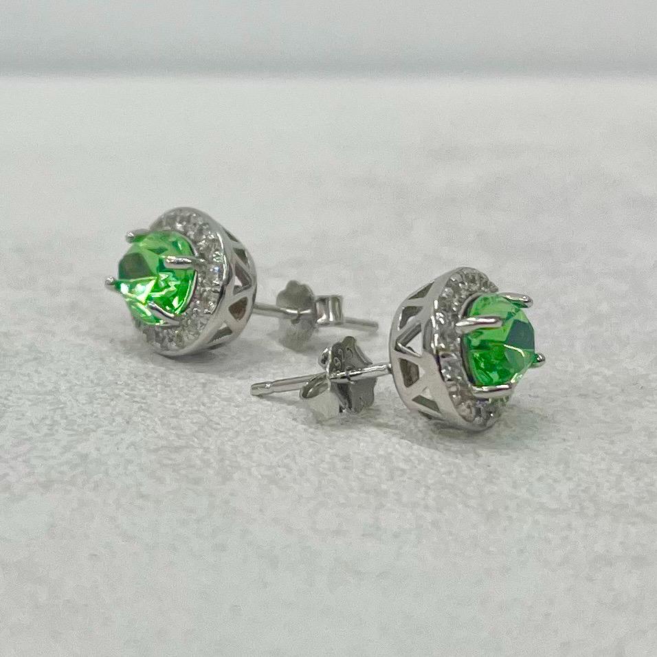 Vintage Sterling Silver Green Uranium Crystal Oval Cut Stud Earrings with a Clear Crystal Halo Setting UV Reactive Glowing Jewellery TheGreenGlassGemShop