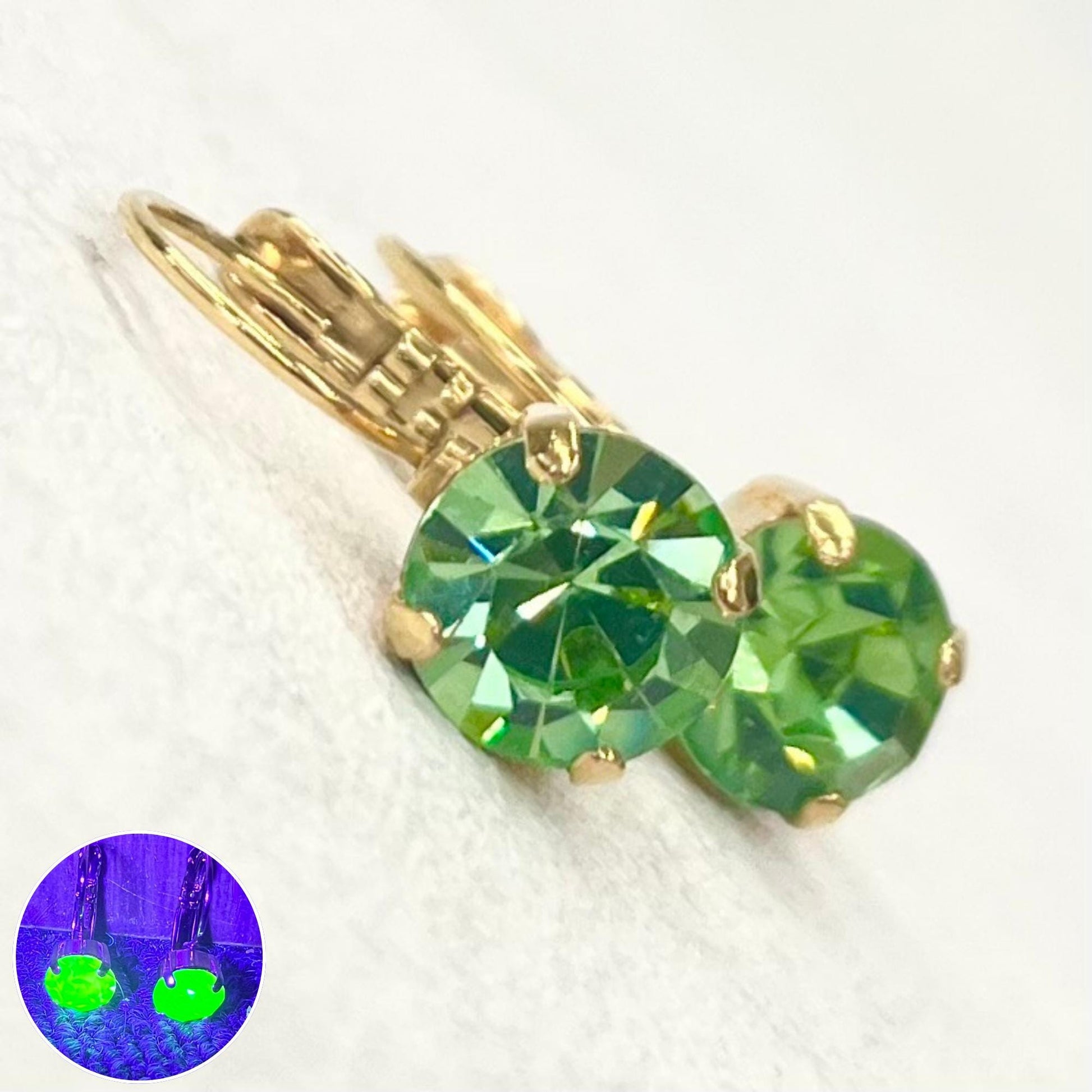 Vintage Green Uranium Glass Crystal Drop Earrings UV Reactive Glow with Vintage Swarovski Crystals TheGreenGlassGemShop