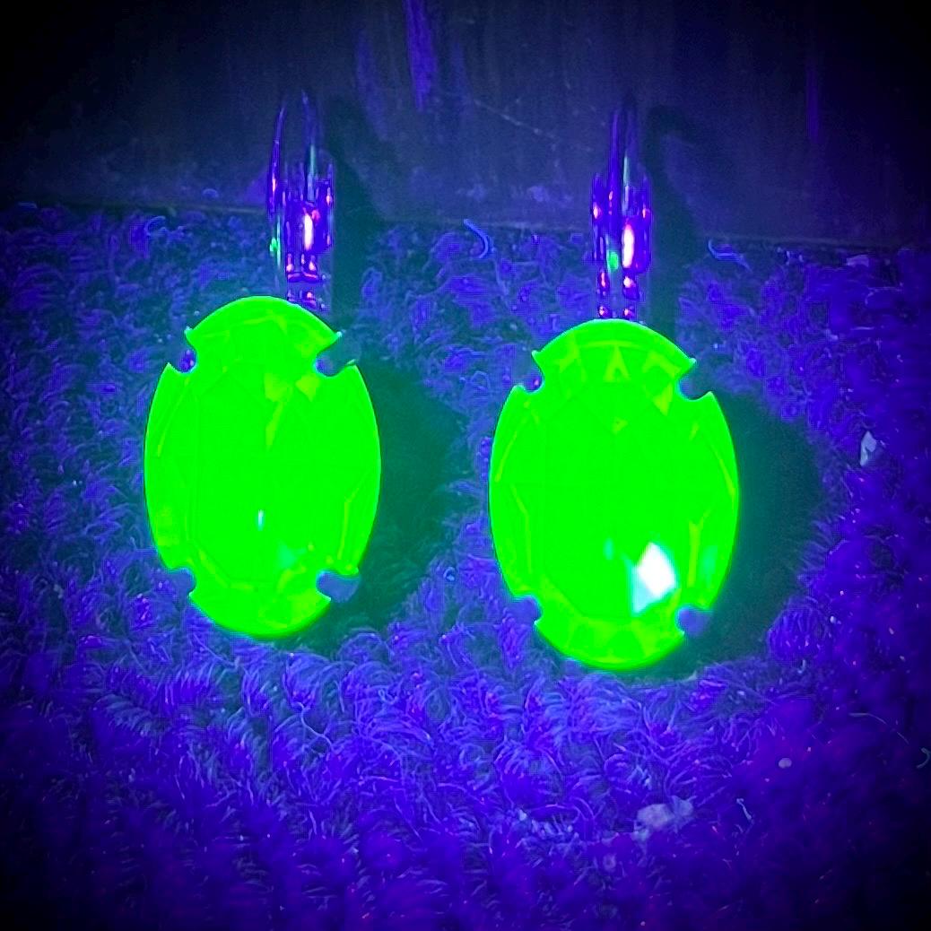 Vintage Oval Green Uranium Glass Crystal Drop Earrings UV Reactive Glow with Vintage Swarovski Crystals Silver Plated TheGreenGlassGemShop
