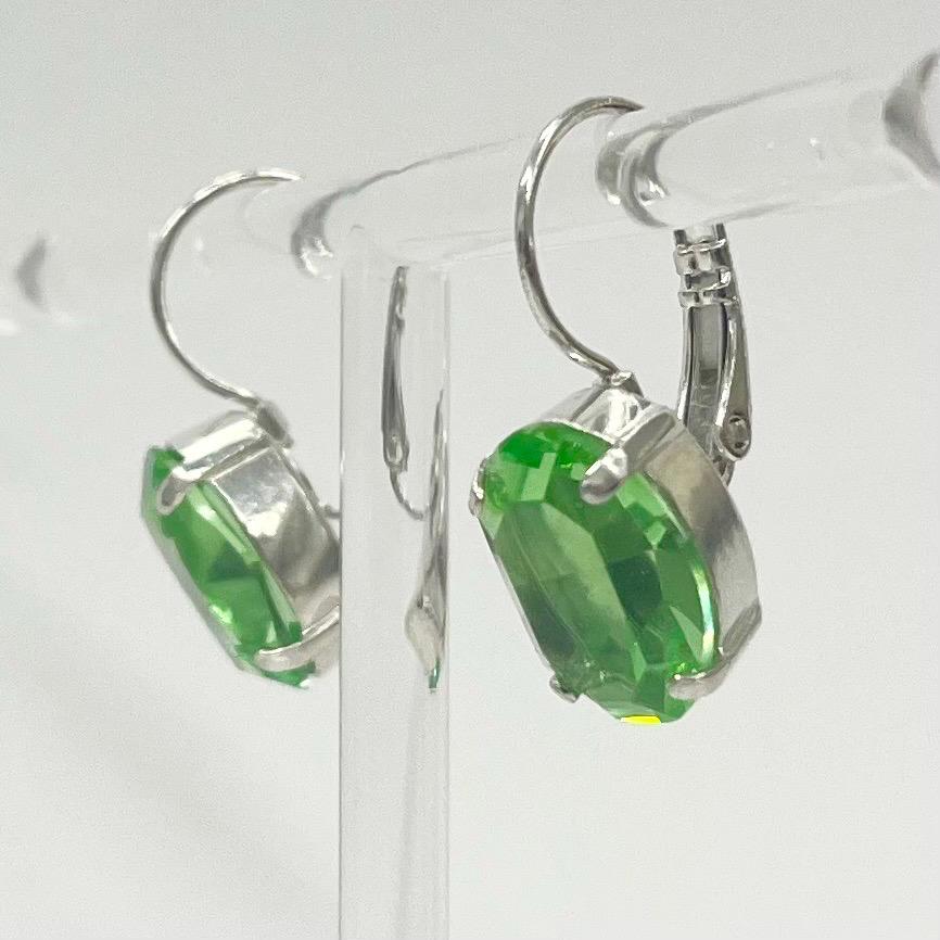 Vintage Oval Green Uranium Glass Crystal Drop Earrings UV Reactive Glow with Vintage Swarovski Crystals Silver Plated TheGreenGlassGemShop