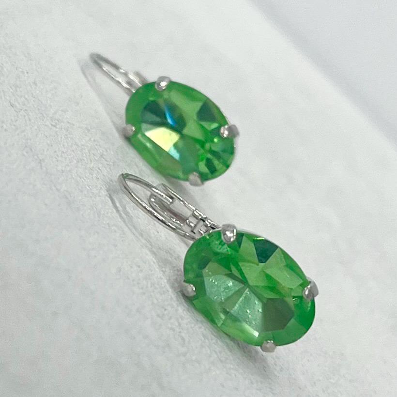 Vintage Oval Green Uranium Glass Crystal Drop Earrings UV Reactive Glow with Vintage Swarovski Crystals Silver Plated TheGreenGlassGemShop