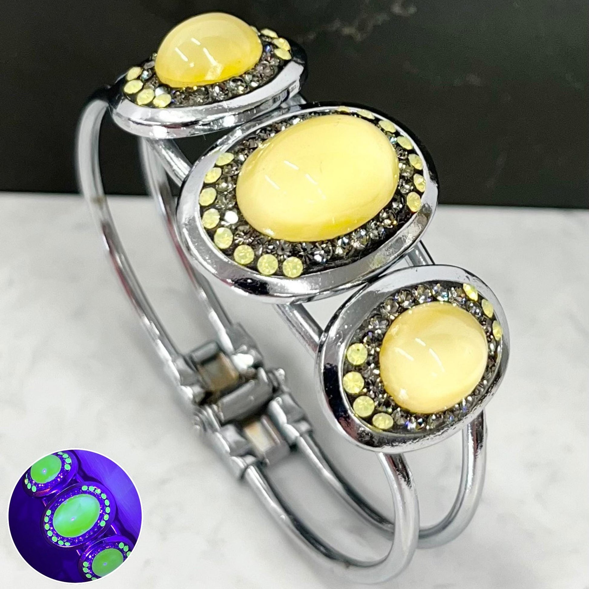 Vintage Yellow Uranium Glass Oval Czech Cabochon Bangle with Yellow Opal Crystals Silver Plated UV Reactive Glow Jewellery TheGreenGlassGemShop