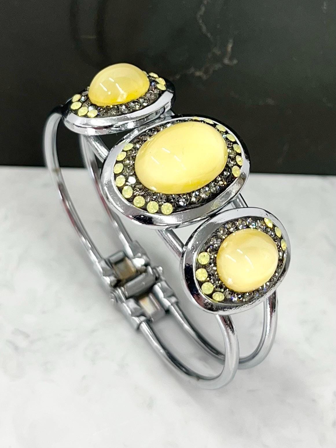 Vintage Yellow Uranium Glass Oval Czech Cabochon Bangle with Yellow Opal Crystals Silver Plated UV Reactive Glow Jewellery TheGreenGlassGemShop