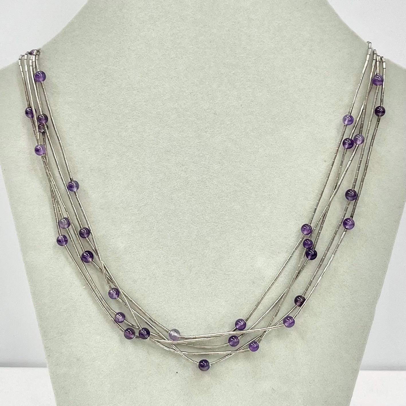 Vintage Five Strand Sterling Silver & Amethyst Bead Necklace Multi Strand Necklace TheGreenGlassGemShop