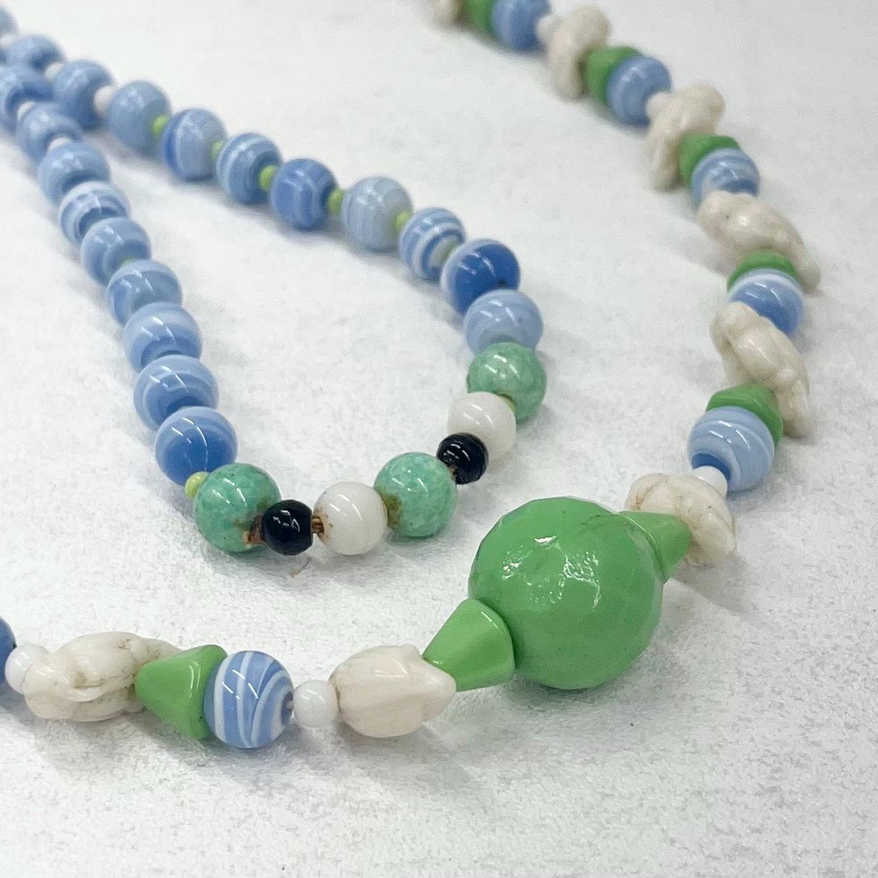 Vintage Art Deco Max Neiger Bird Bead Uranium Glass Necklace Egyptian Revival Green UV Reactive Glowing Jewellery 29” Long TheGreenGlassGemShop