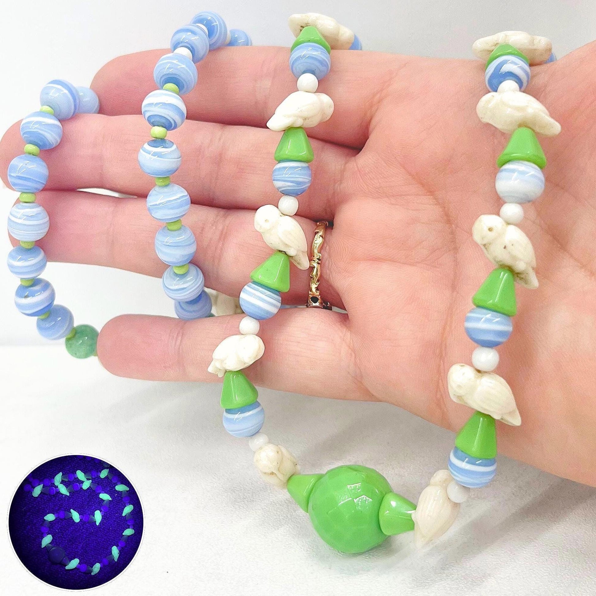 Vintage Art Deco Max Neiger Bird Bead Uranium Glass Necklace Egyptian Revival Green UV Reactive Glowing Jewellery 29” Long TheGreenGlassGemShop