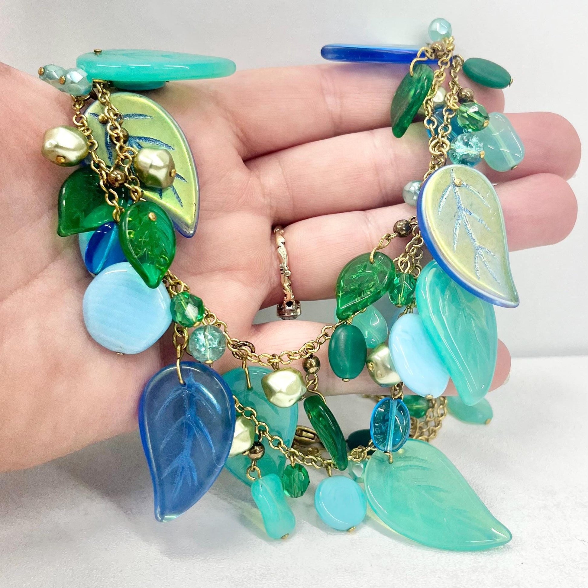 Vintage Czech Pressed Glass Leaf Drop Two Strand Necklace Teal Blue & Uranium Green UV Reactive Glowing Jewellery 18” Long TheGreenGlassGemShop