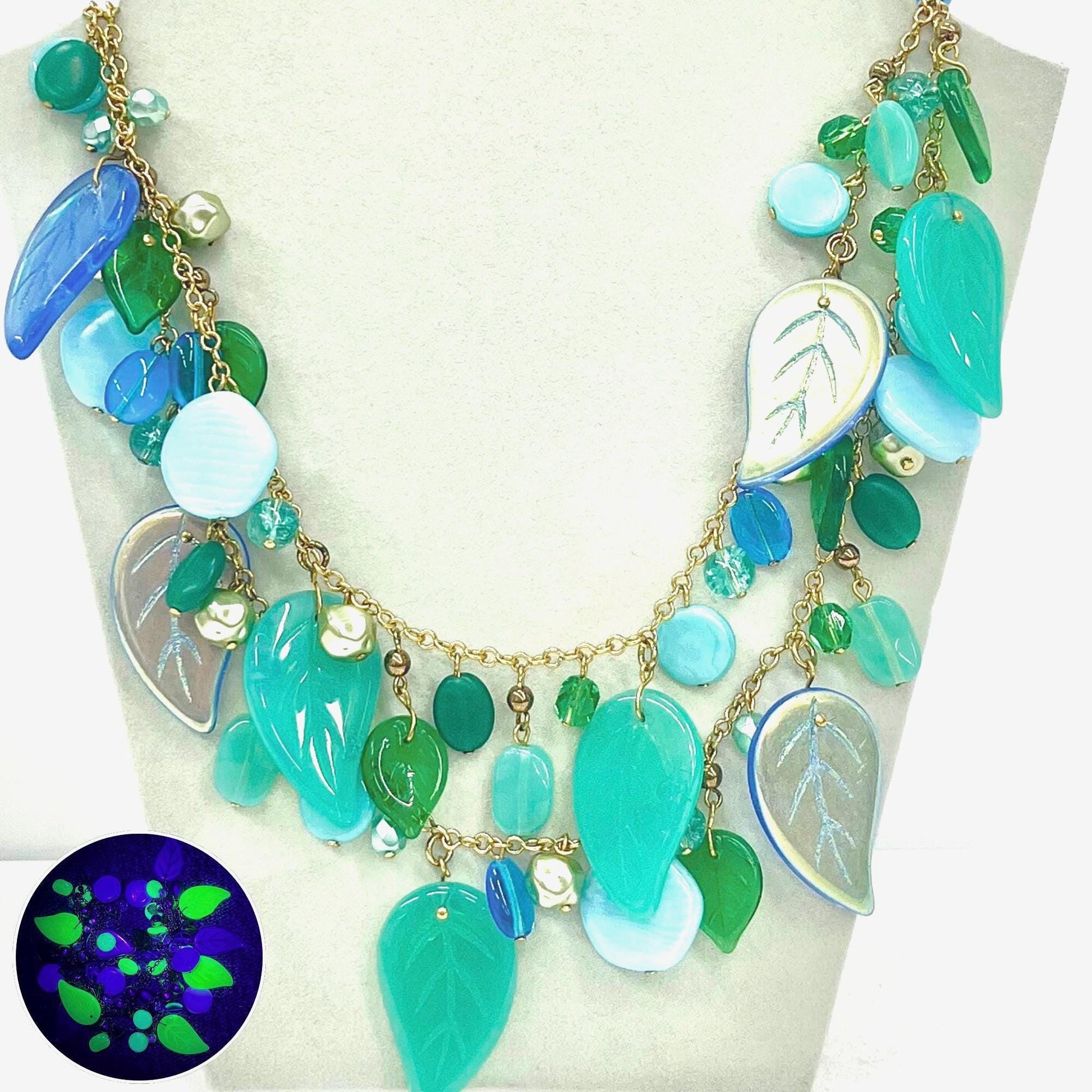 Vintage Czech Pressed Glass Leaf Drop Two Strand Necklace Teal Blue & Uranium Green UV Reactive Glowing Jewellery 18” Long TheGreenGlassGemShop