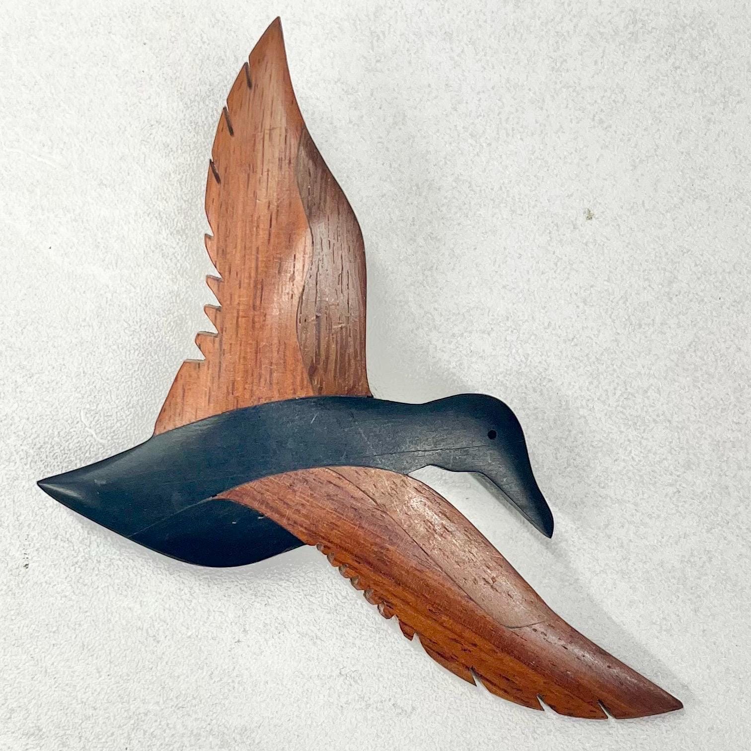 Vintage Hand Carved Two Tone Teak Wood Flying Bird Brooch 7cm Wide TheGreenGlassGemShop