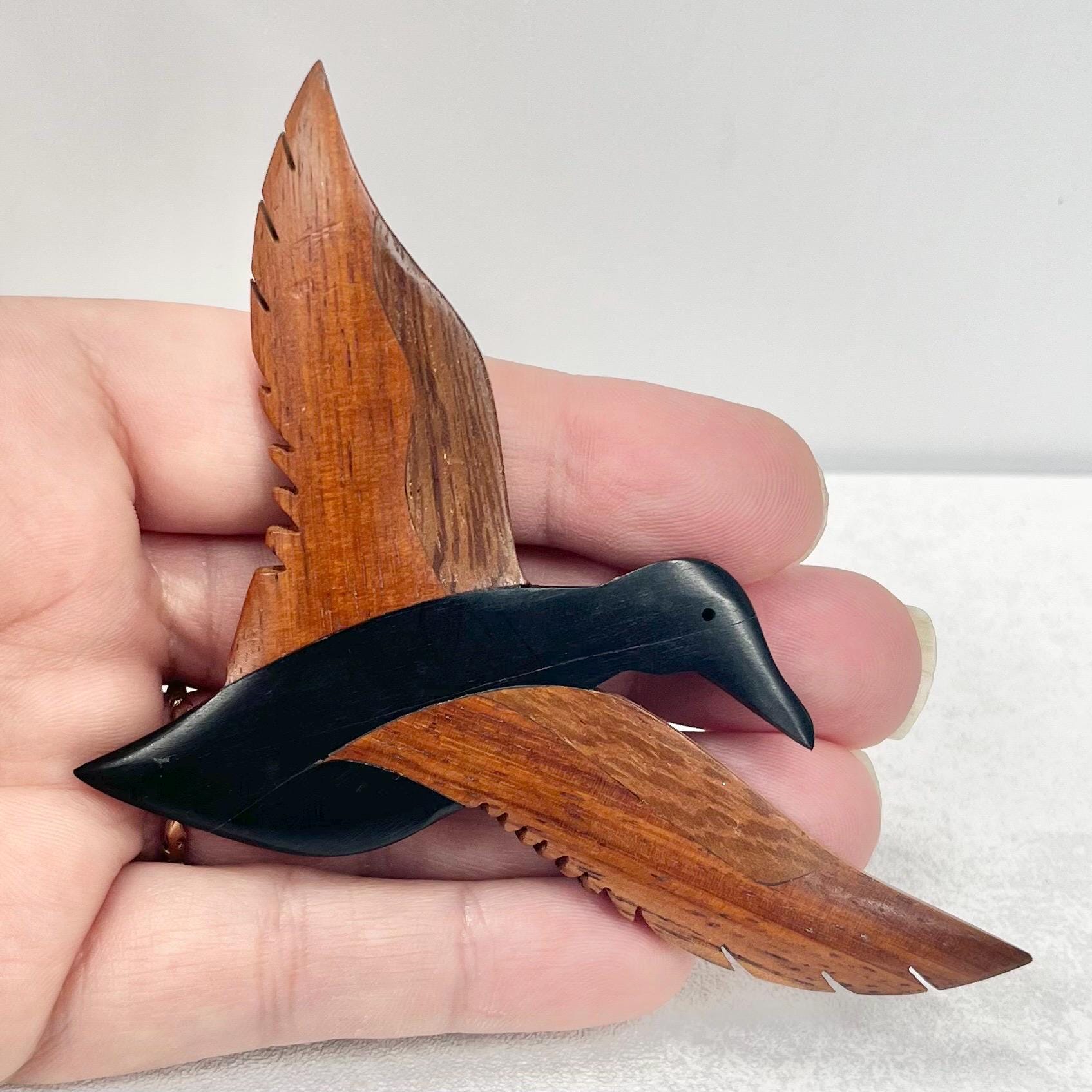 Vintage Hand Carved Two Tone Teak Wood Flying Bird Brooch 7cm Wide TheGreenGlassGemShop