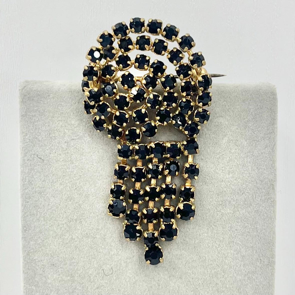Vintage Large Gold Tone Black Diamante Crystal Tassle Drop Brooch Fantastic Statement Costume Jewellery Piece TheGreenGlassGemShop