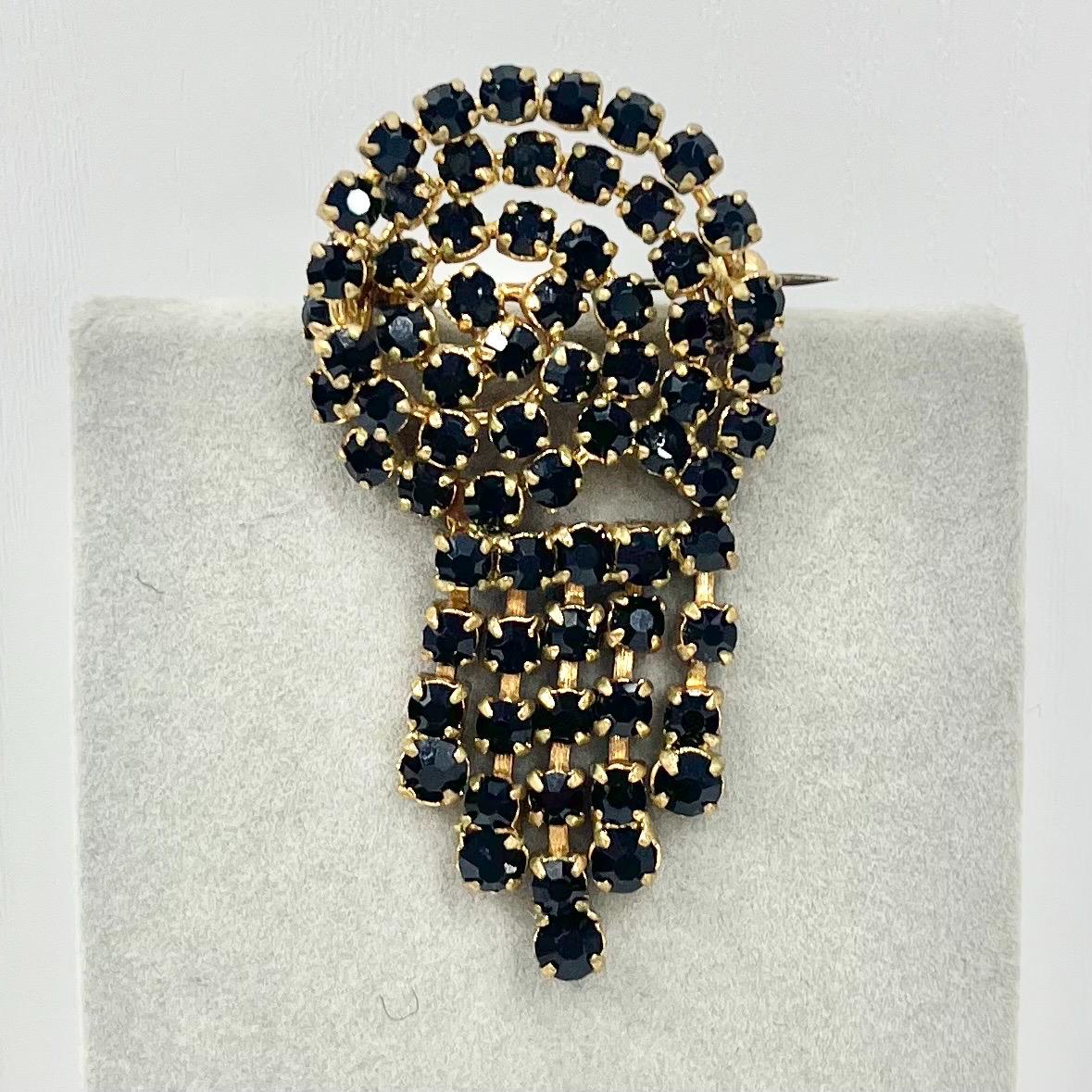 Vintage Large Gold Tone Black Diamante Crystal Tassle Drop Brooch Fantastic Statement Costume Jewellery Piece TheGreenGlassGemShop