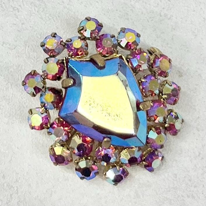 Vintage Aurora Borealis Ruby Crystal Sheild Style Brooch Gold Plate Statement Piece TheGreenGlassGemShop