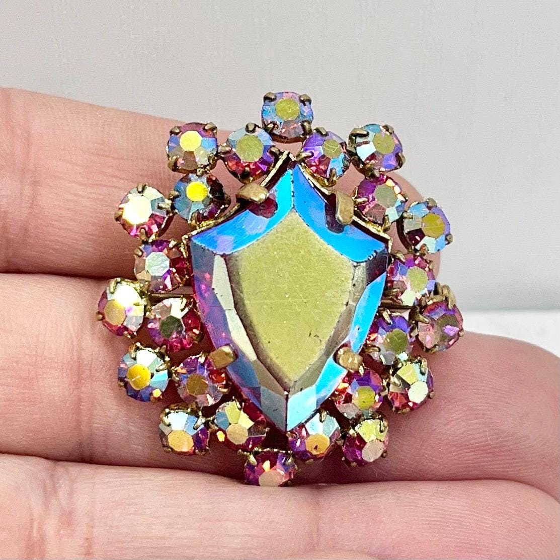 Vintage Aurora Borealis Ruby Crystal Sheild Style Brooch Gold Plate Statement Piece TheGreenGlassGemShop